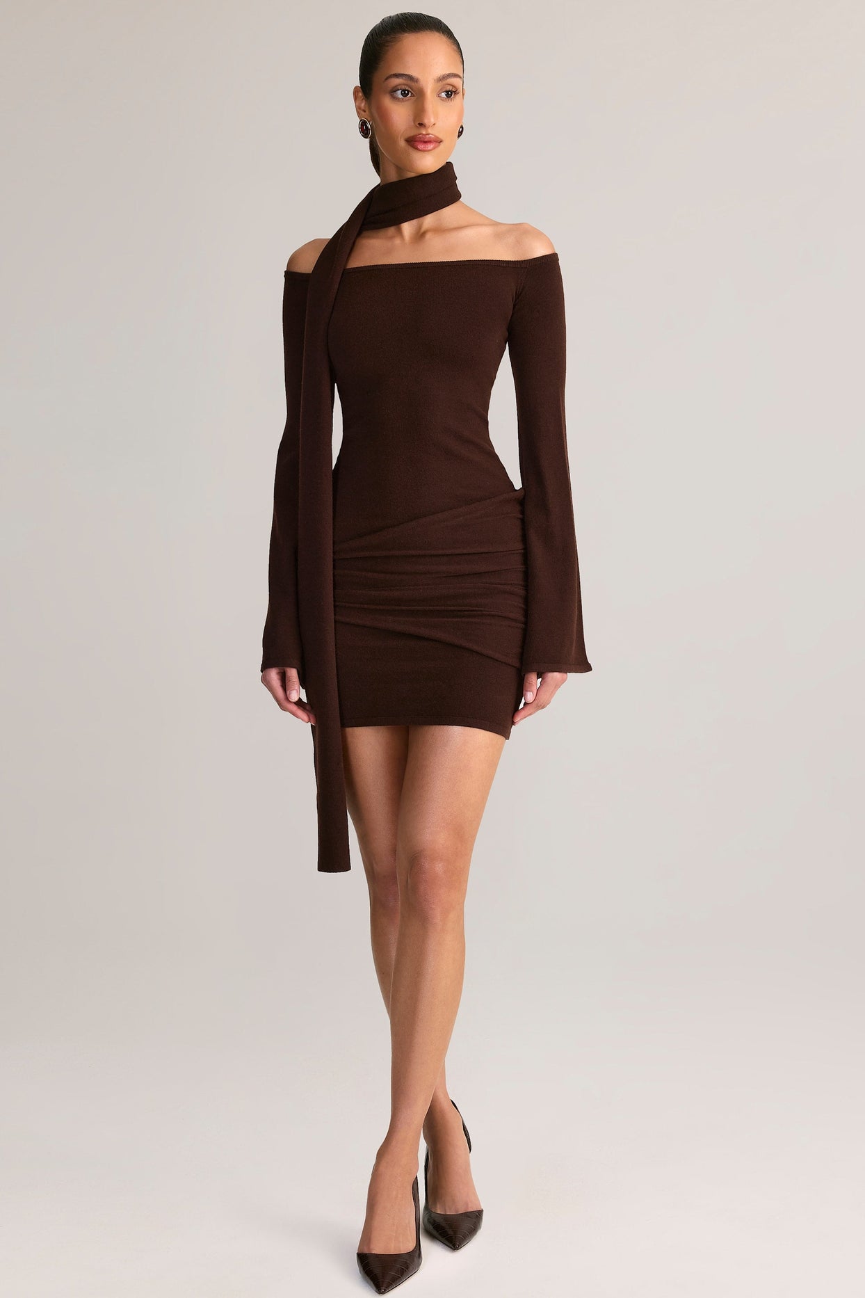 Scarf-Detail Off-Shoulder Mini Dress in Chocolate Brown