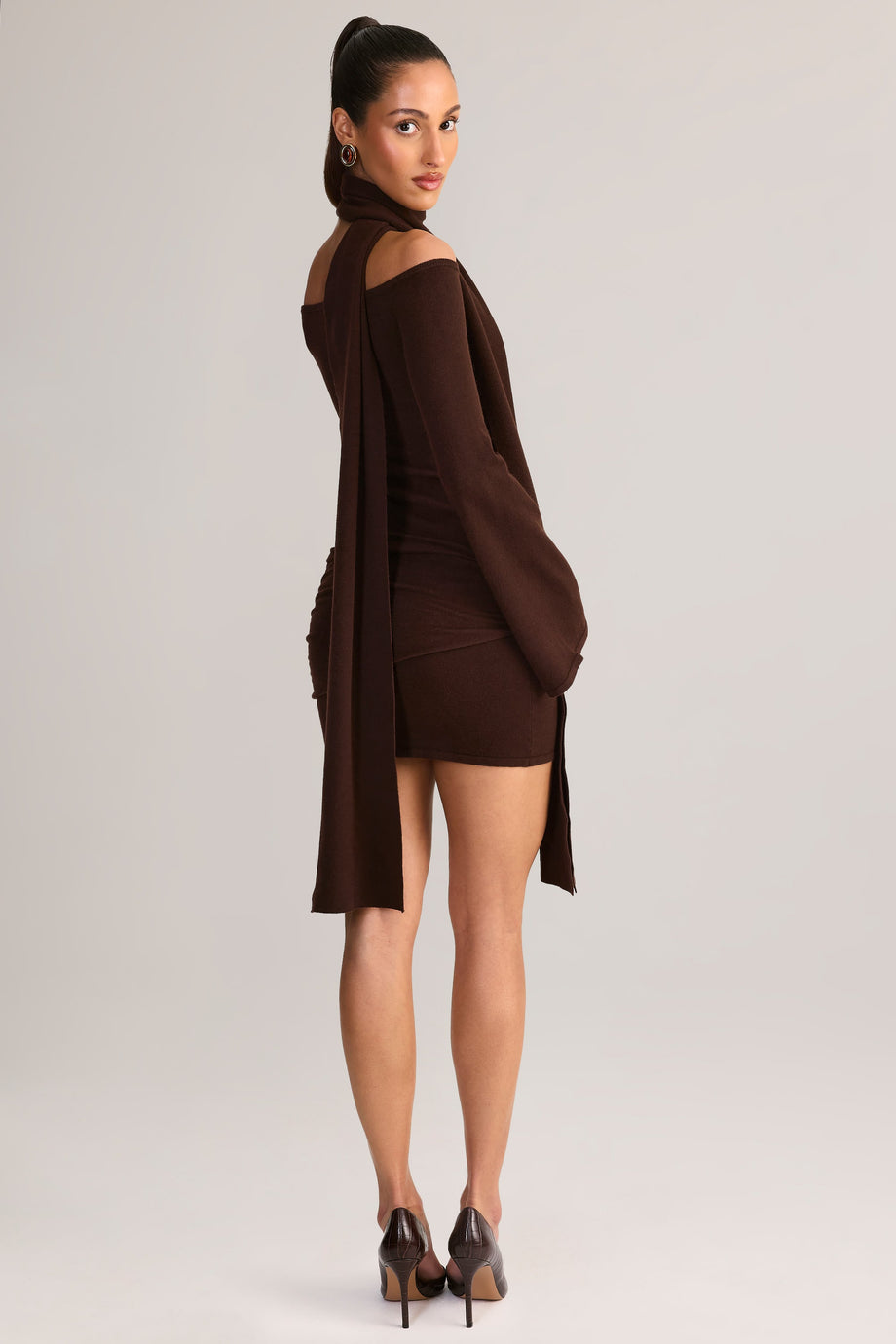 Knit Scarf-Detail Off-Shoulder Mini Dress in Chocolate Brown