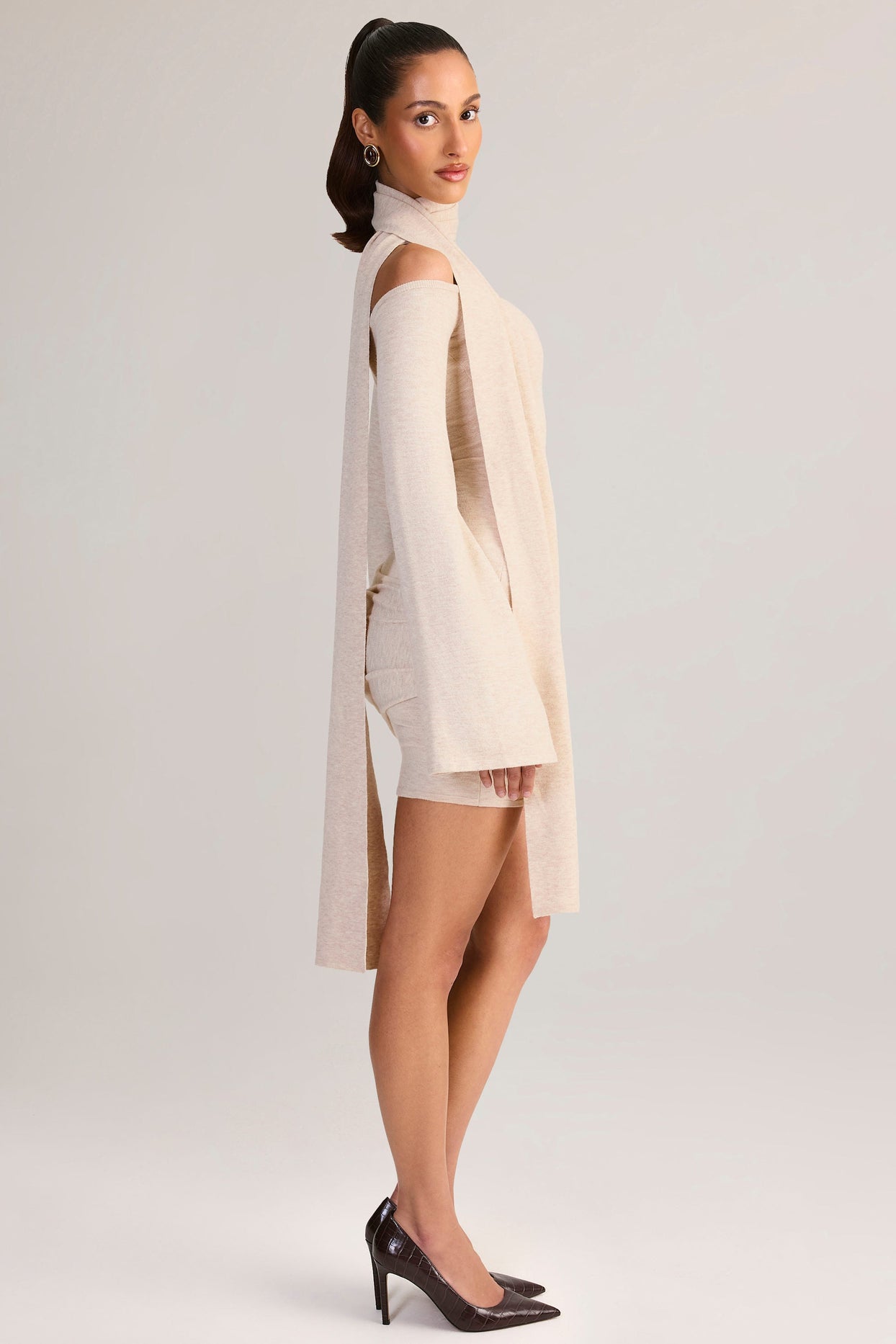 Scarf-Detail Off-Shoulder Mini Dress in Cream