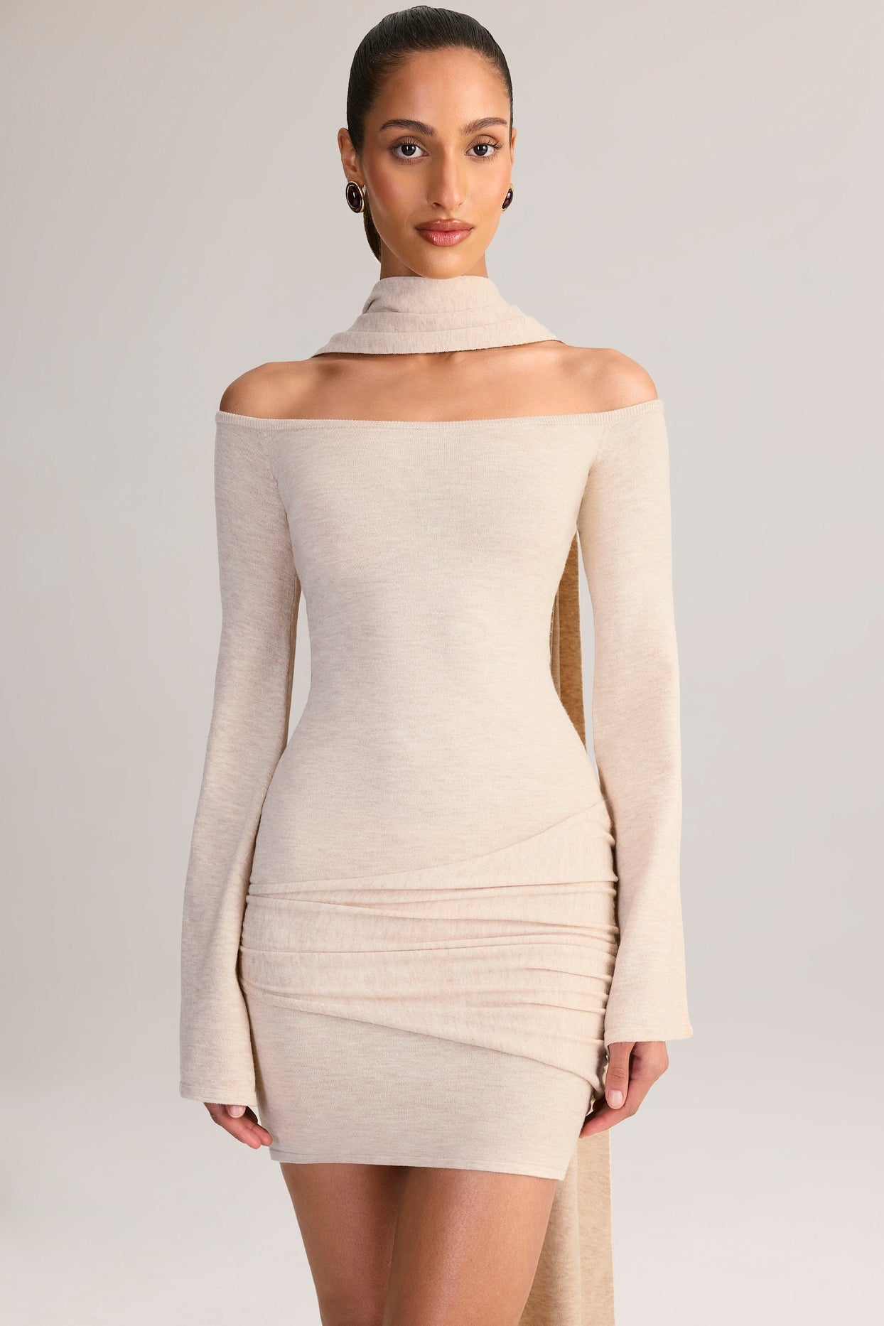 Scarf-Detail Off-Shoulder Mini Dress in Cream