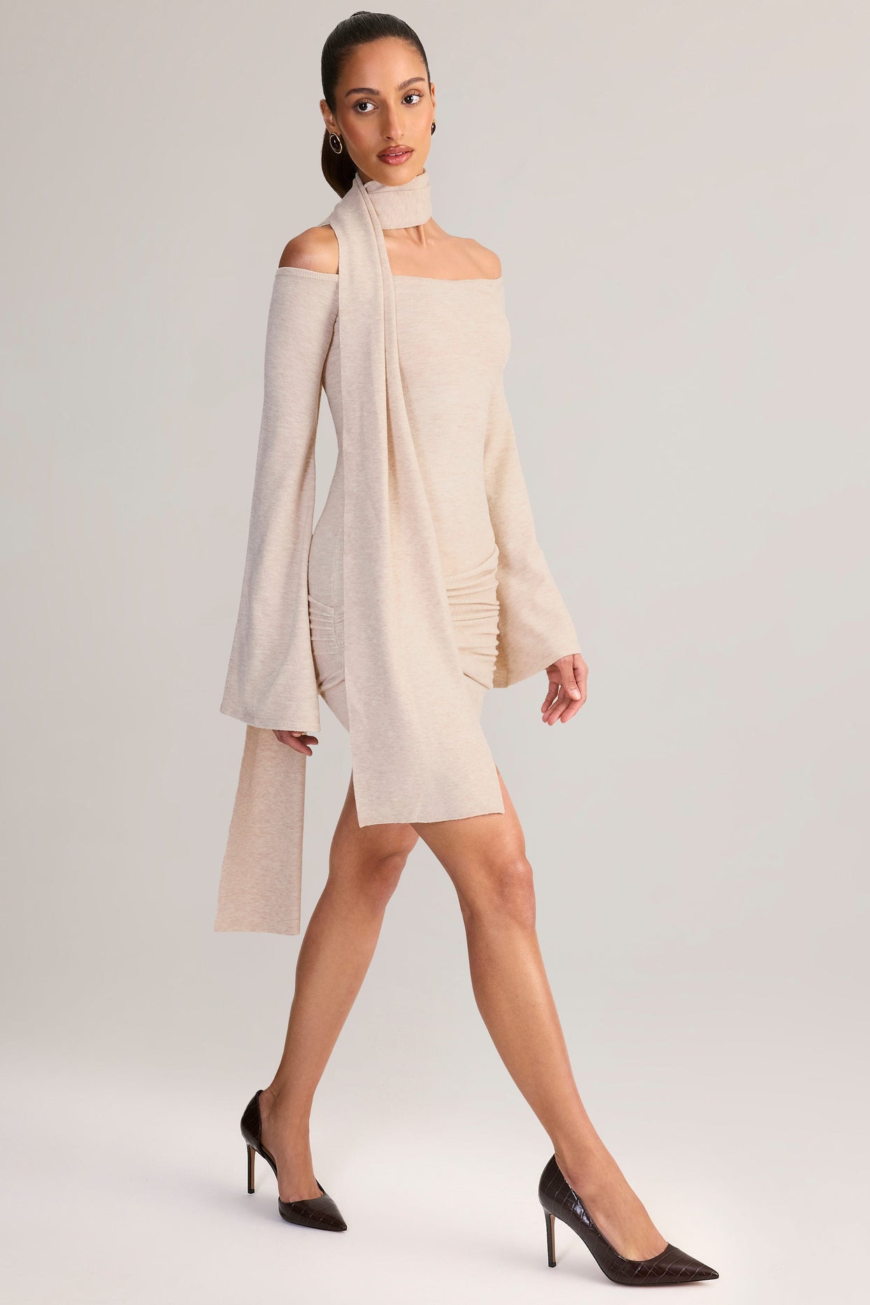 Scarf-Detail Off-Shoulder Mini Dress in Cream