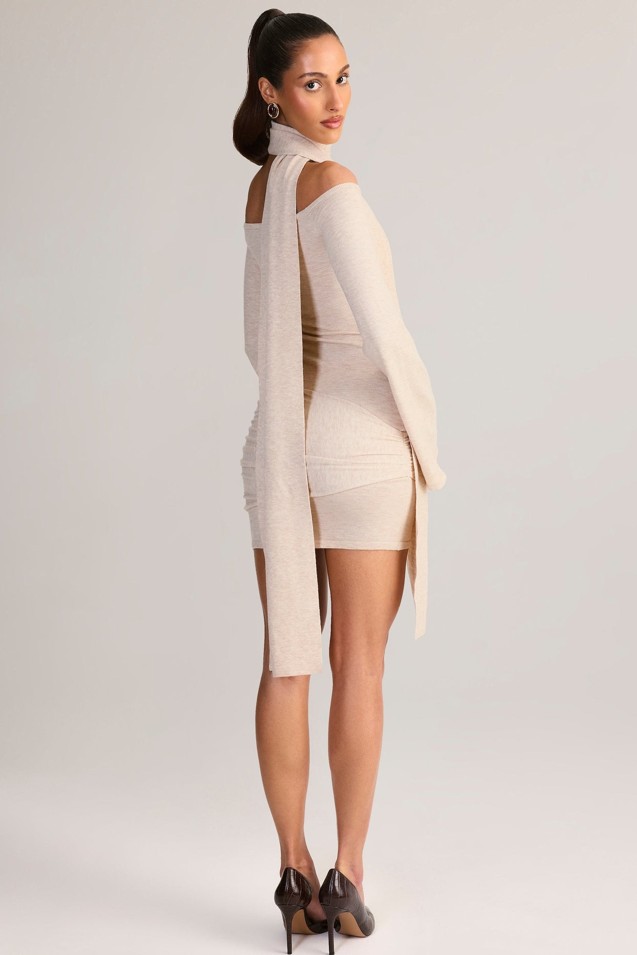 Scarf-Detail Off-Shoulder Mini Dress in Cream
