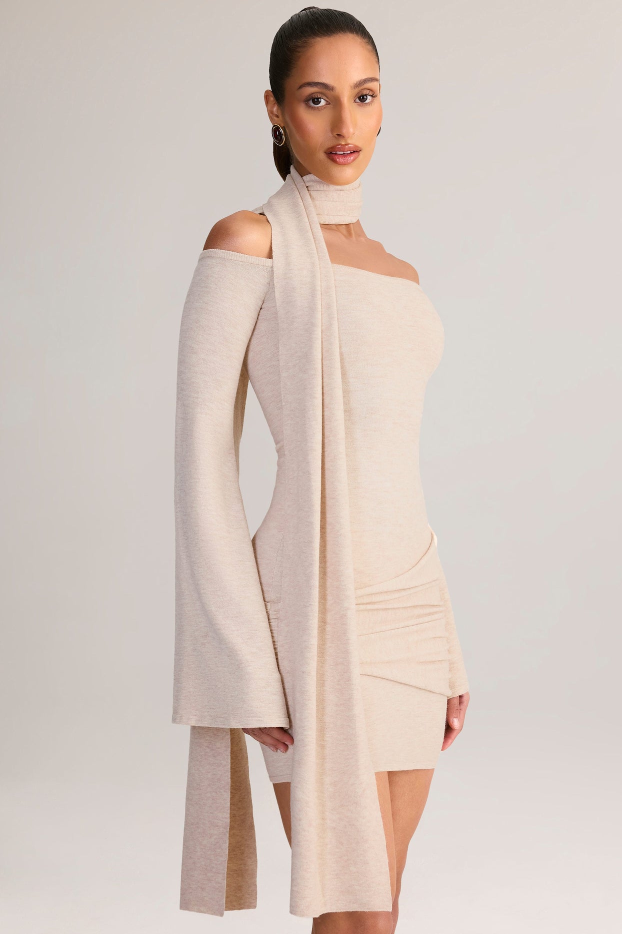 Scarf-Detail Off-Shoulder Mini Dress in Cream