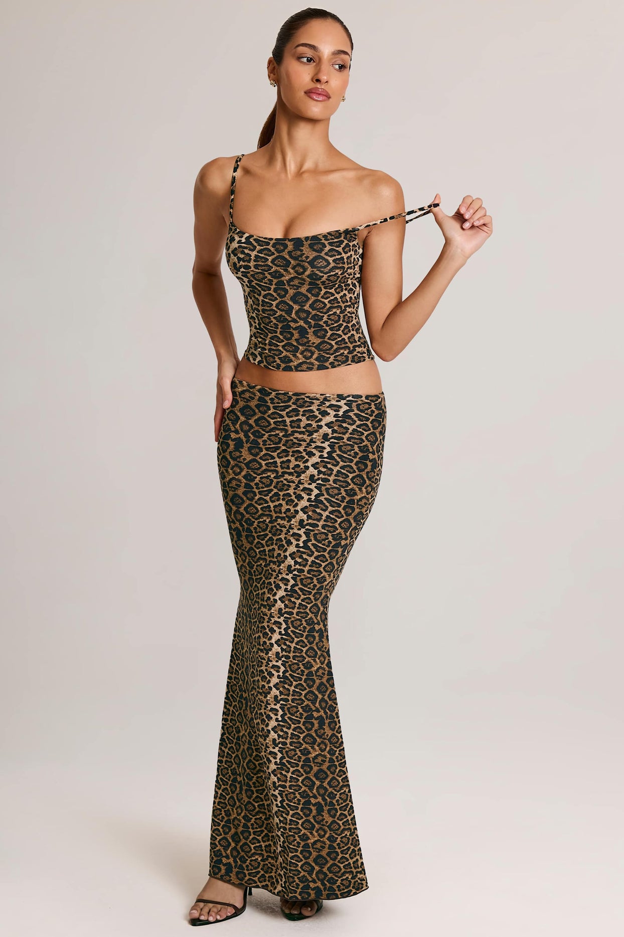 Modal Mid-Rise Fishtail Maxi Skirt in Leopard Print