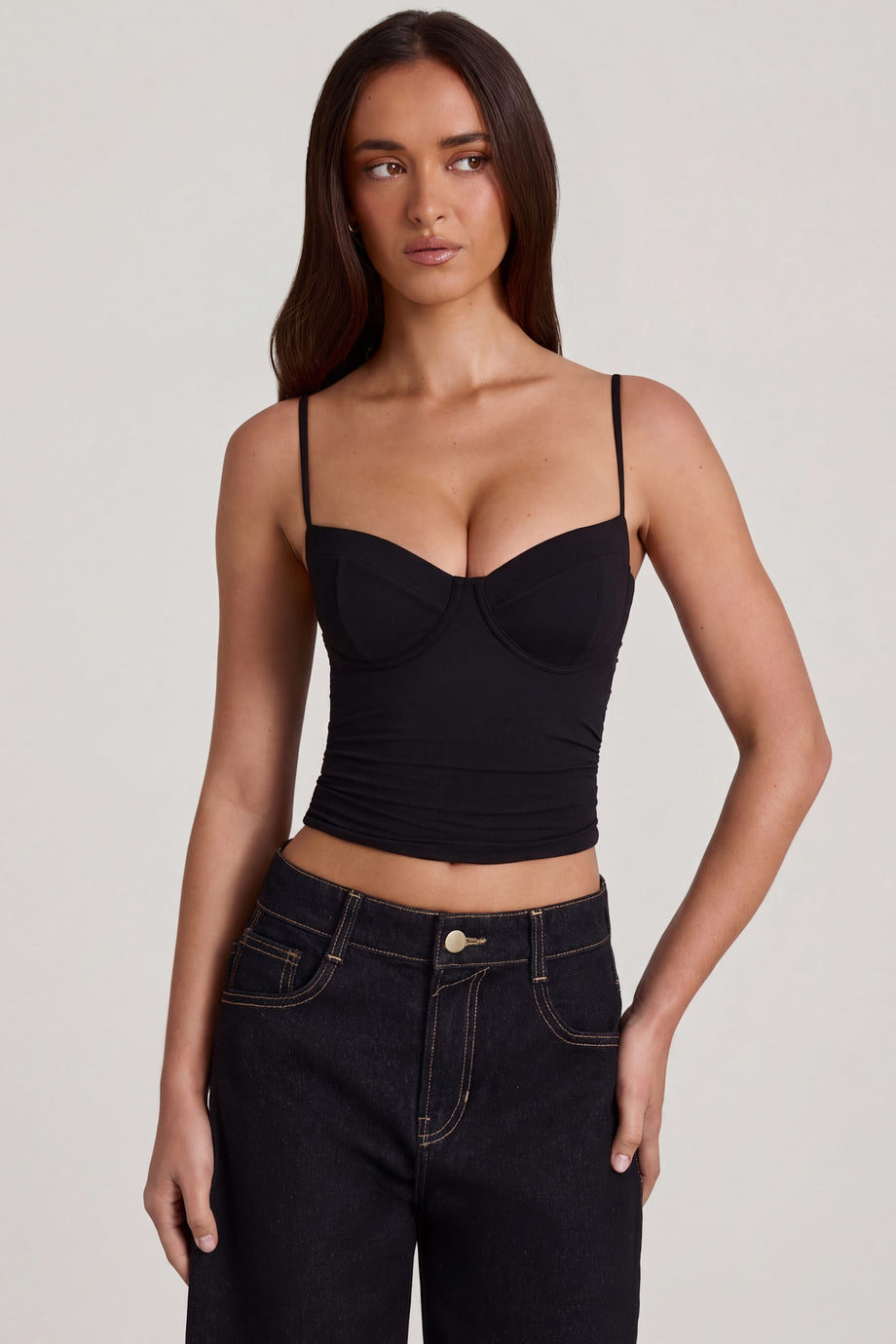 Oh Polly's Roberta wearing the Mirelle Full Top in Black Modal fabric perfect for a night out