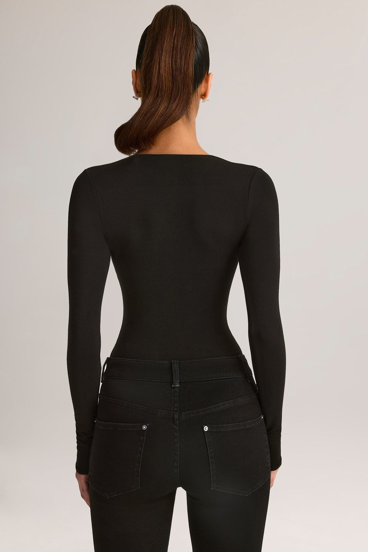 Modal Plunge Long-Sleeve Bodysuit in Black