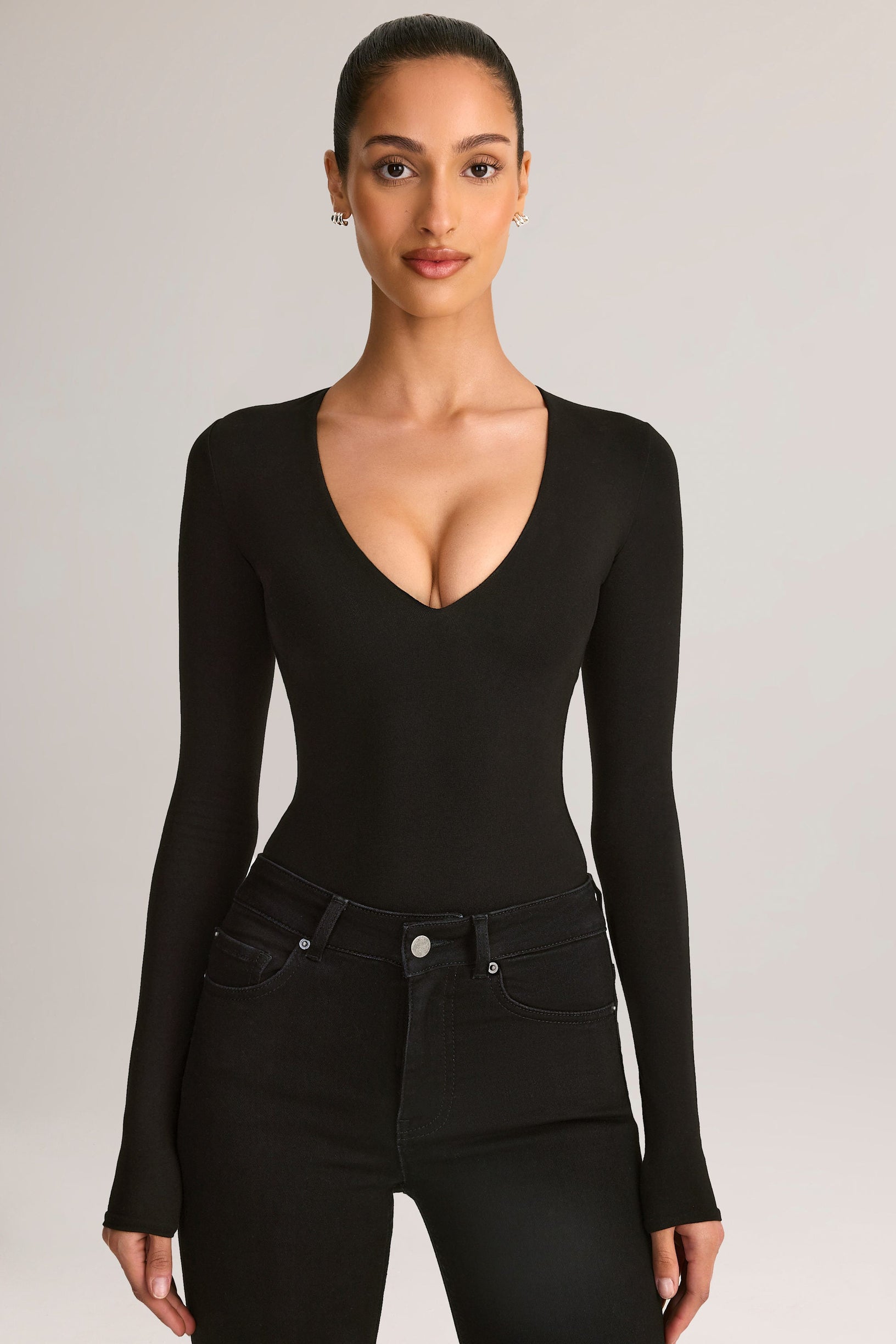 Modal Plunge Long-Sleeve Bodysuit in Black - 1