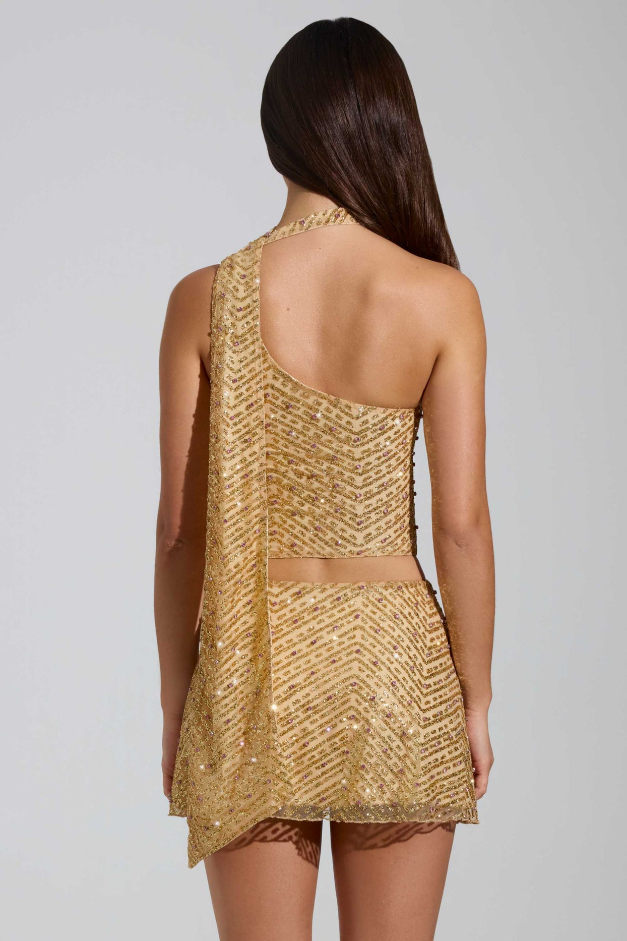 Embellished Scarf-Detail Asymmetric Top in Gold