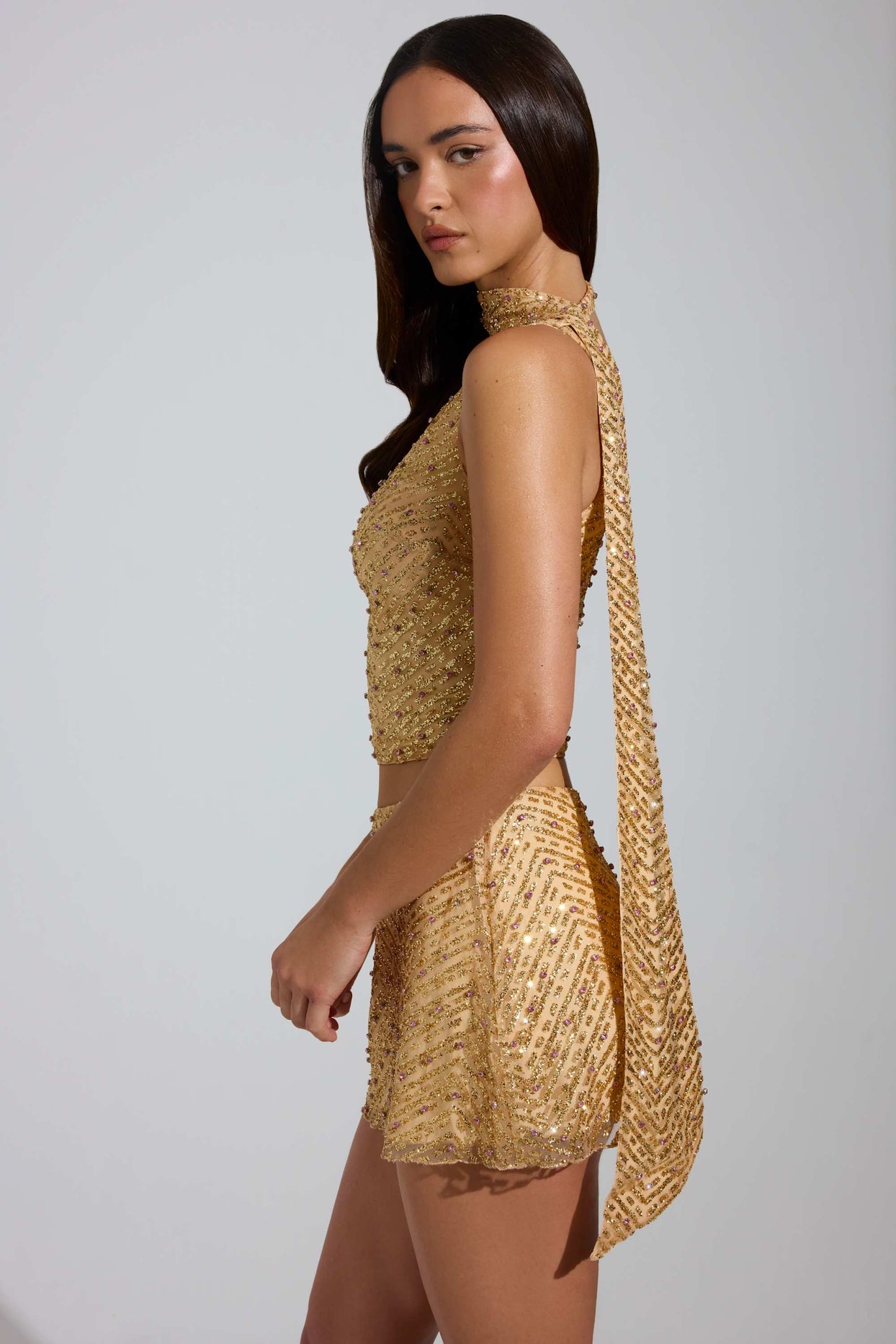 Embellished Scarf-Detail Asymmetric Top in Gold