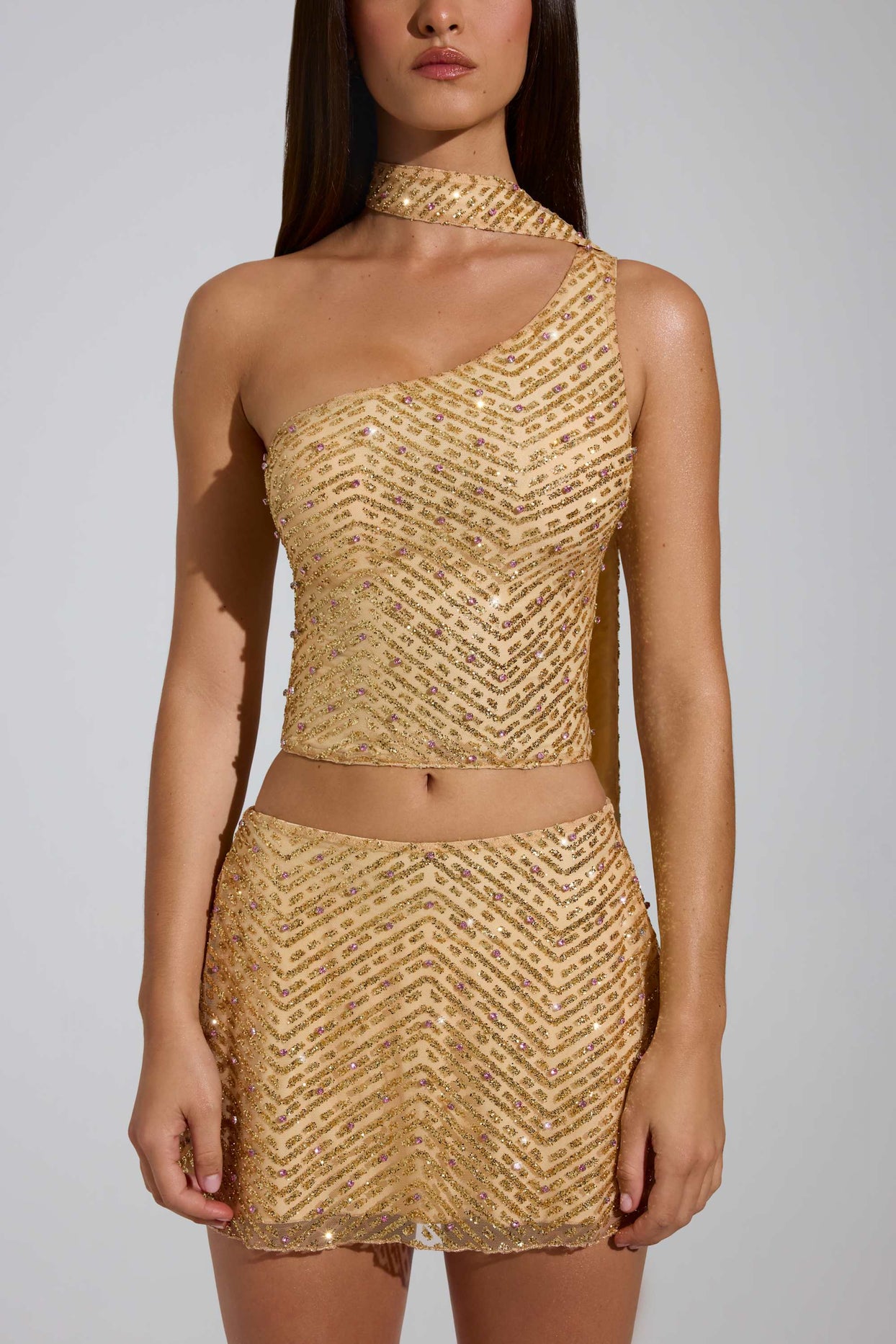 Embellished Scarf-Detail Asymmetric Top in Gold