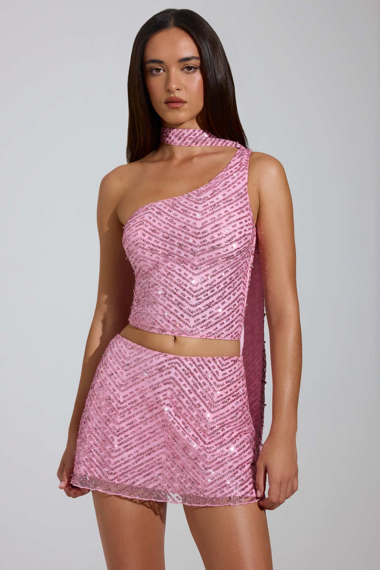 Embellished Scarf-Detail Asymmetric Top in Pink