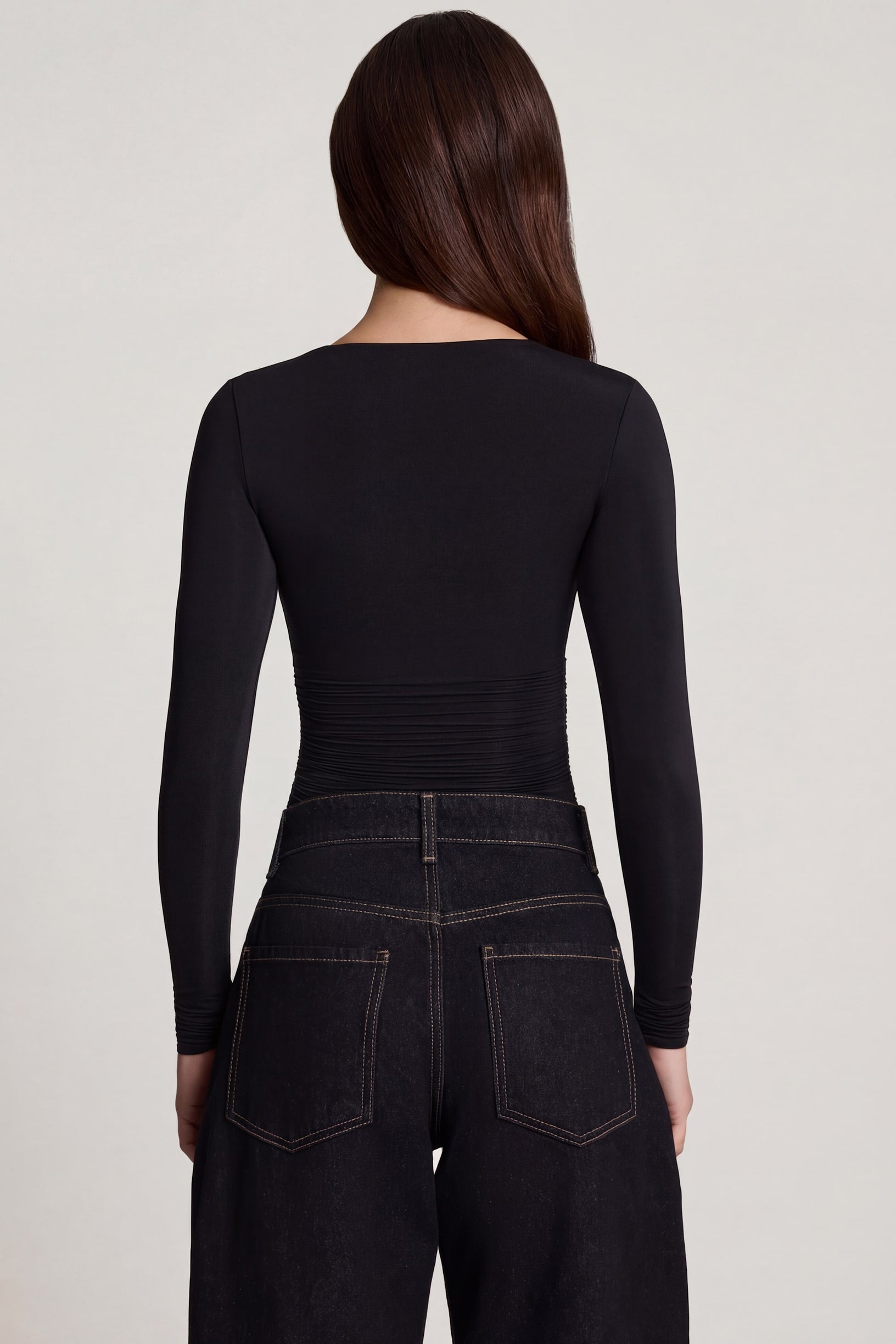 Soft Jersey Sweetheart Ruched Long-Sleeve Top in Black - 2