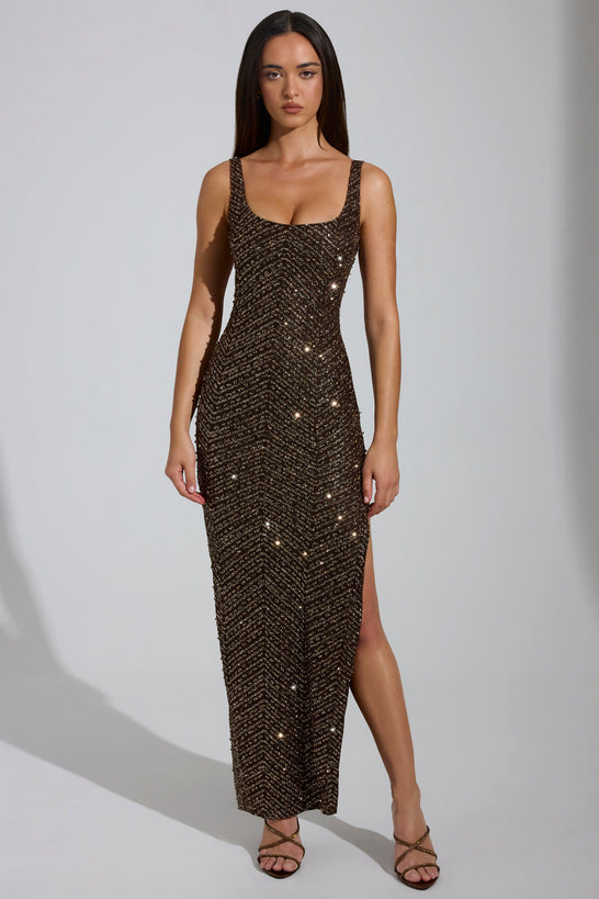 Embellished Scoop-Neck Maxi Dress in Brown