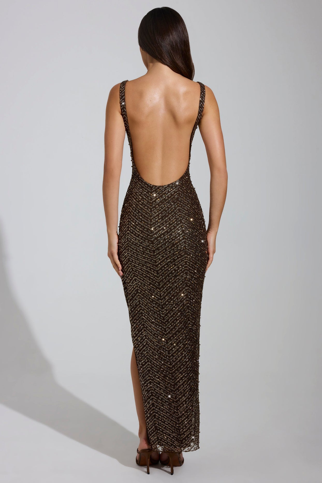 Embellished Scoop-Neck Maxi Dress in Brown