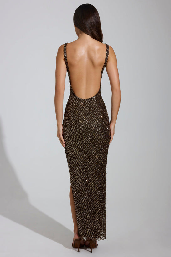 Embellished Scoop-Neck Maxi Dress in Brown