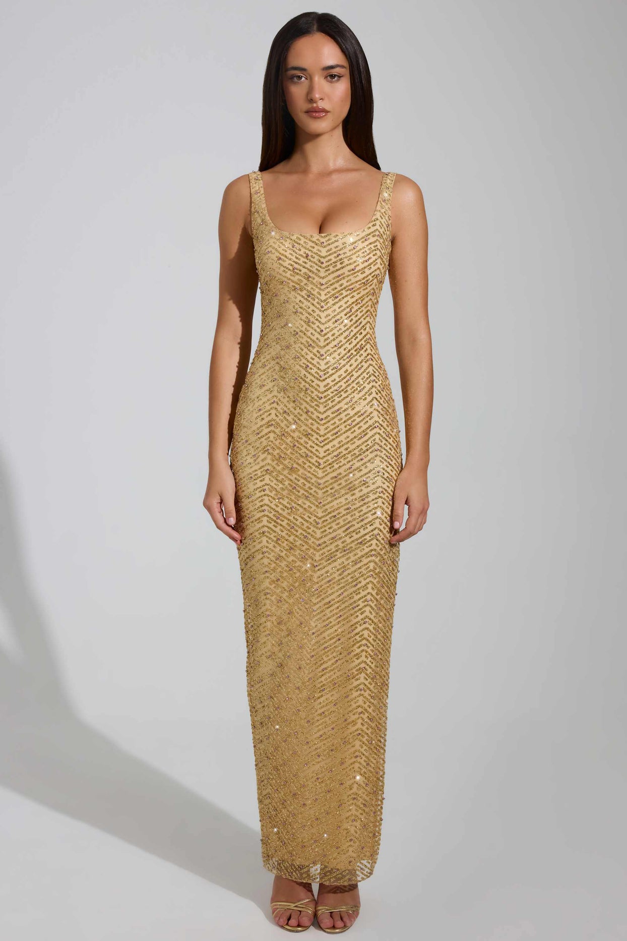 Embellished Scoop-Neck Maxi Dress in Gold