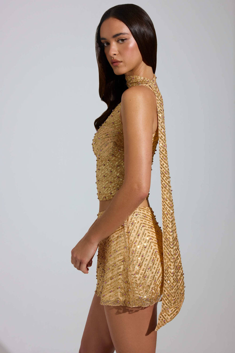 Embellished Low-Rise A-Line Micro Mini Skirt in Gold