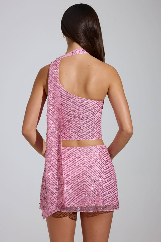 تنورة قصيرة مزخرفة منخفضة الخصر على شكل حرف A باللون الوردي