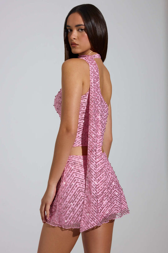 Embellished Low-Rise A-Line Micro Mini Skirt in Pink