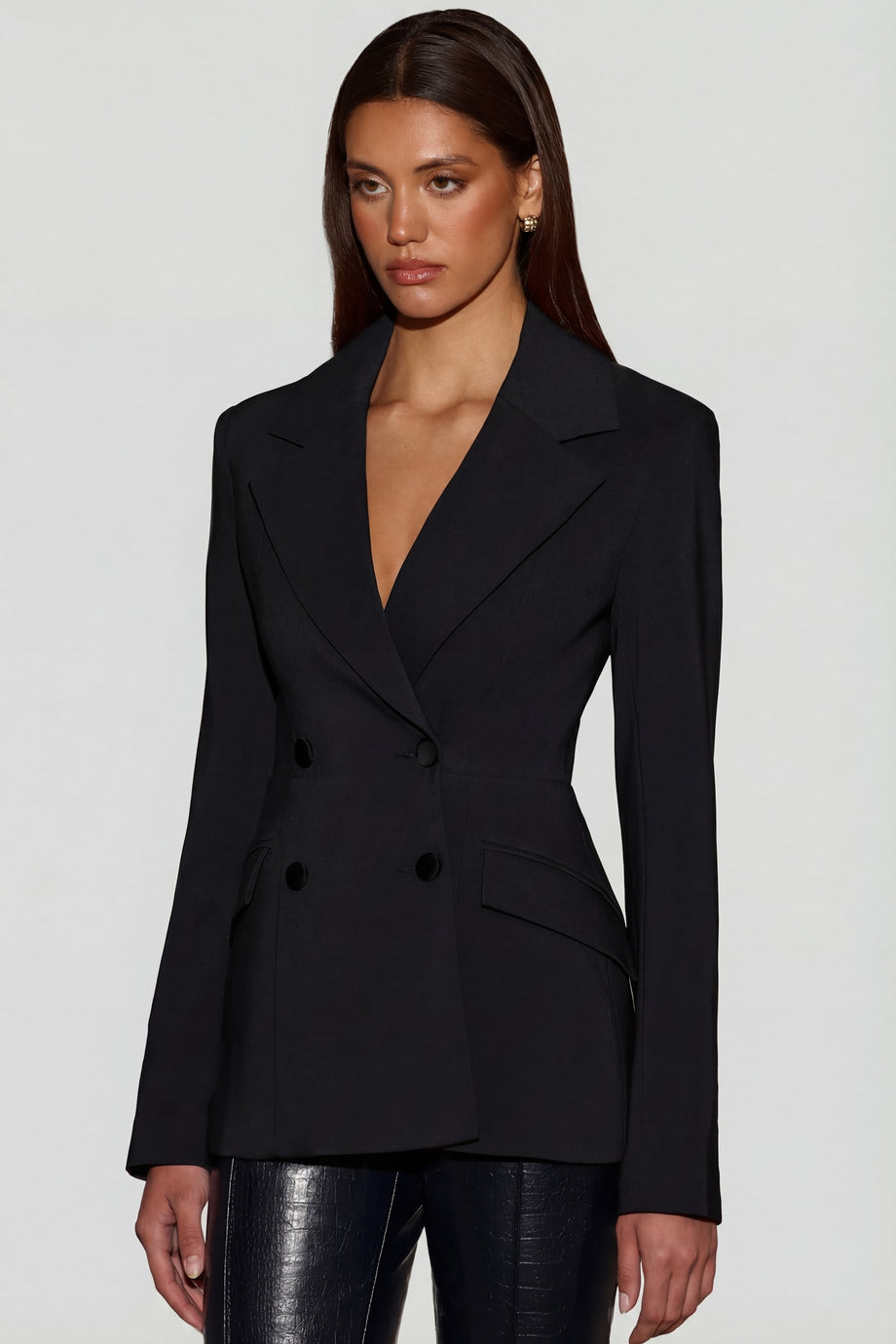 Oh Polly's Kayla wearing the Marika Blazer in Black Poly Span fabric perfect for business events