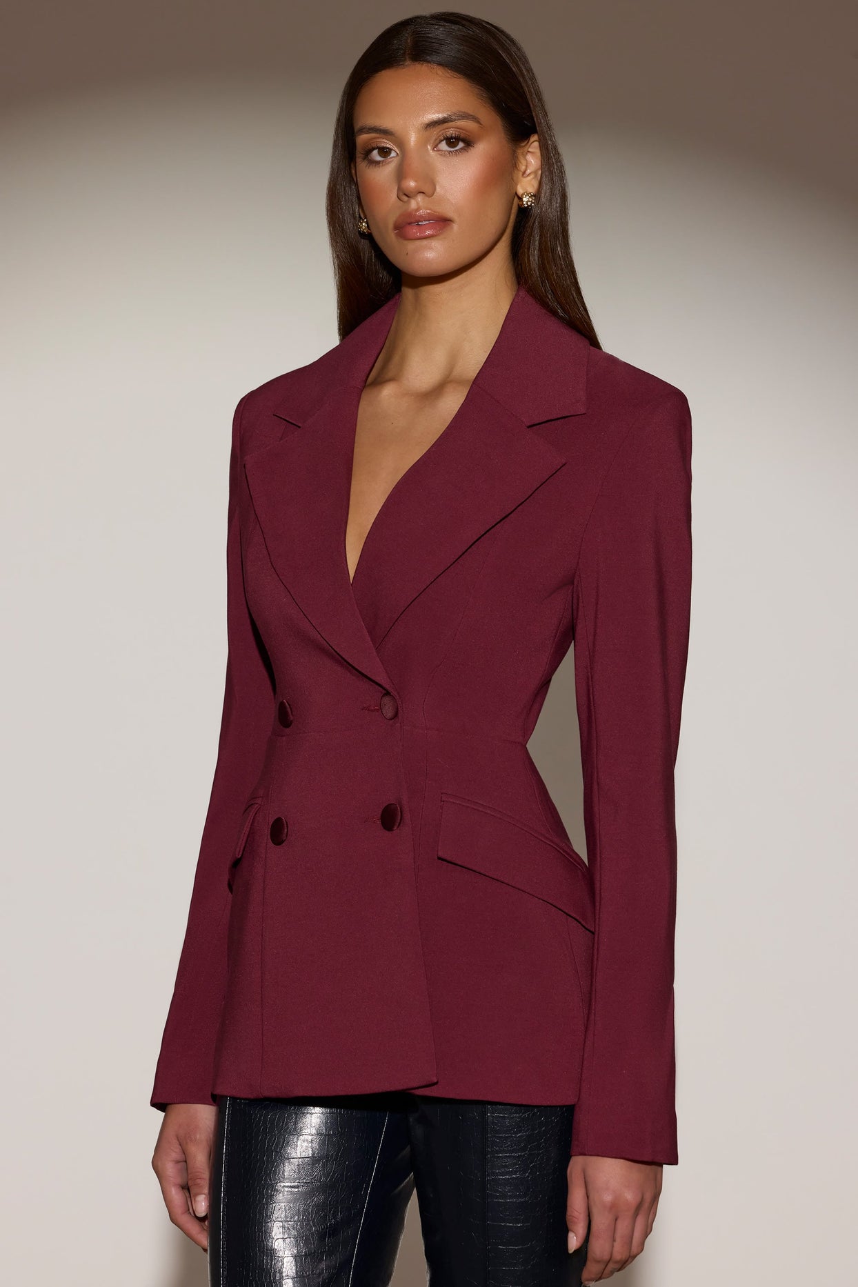 Structured Double-Breasted Blazer in Burgundy