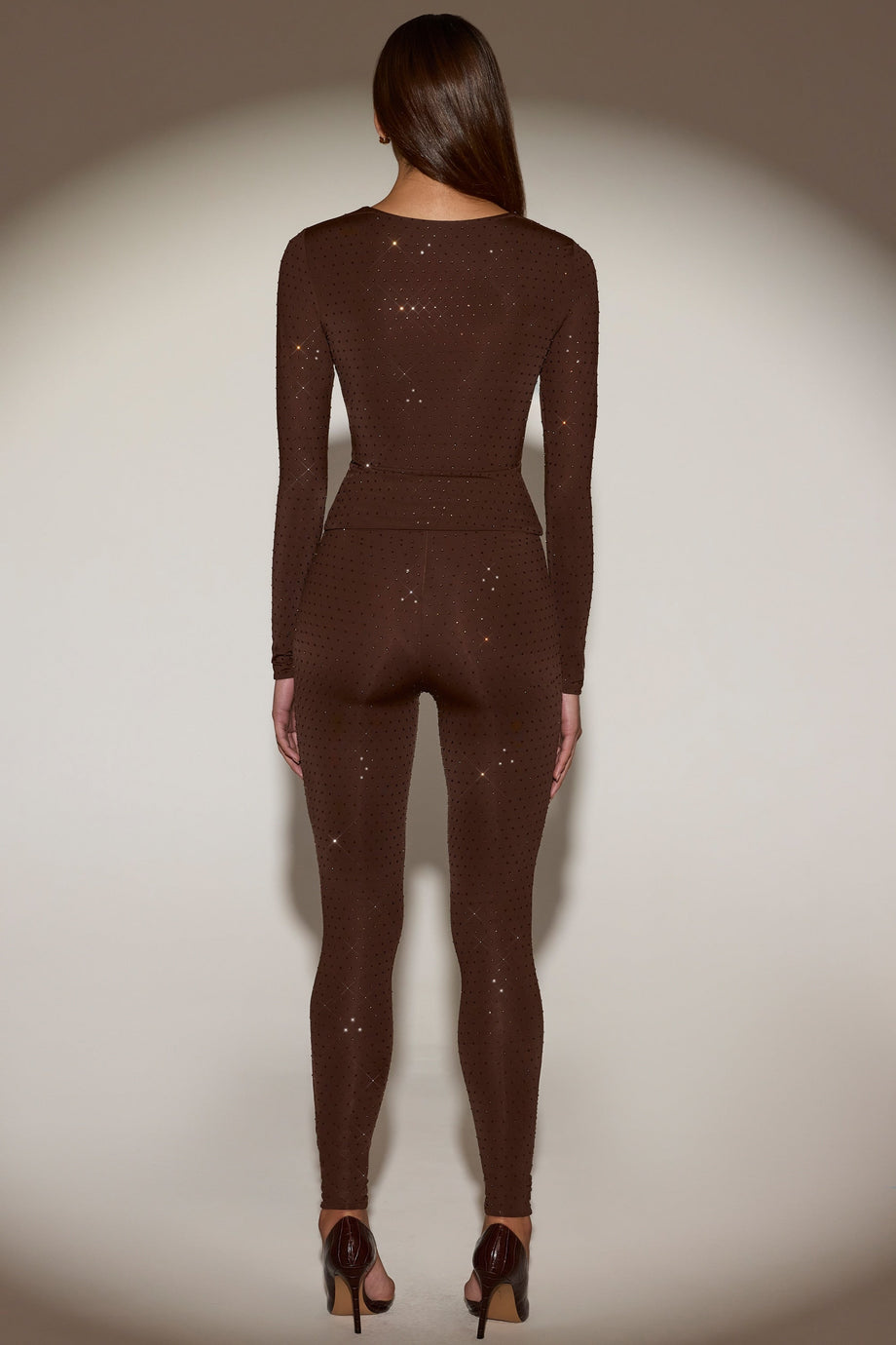 Embellished High-Waisted Leggings in Chocolate Brown