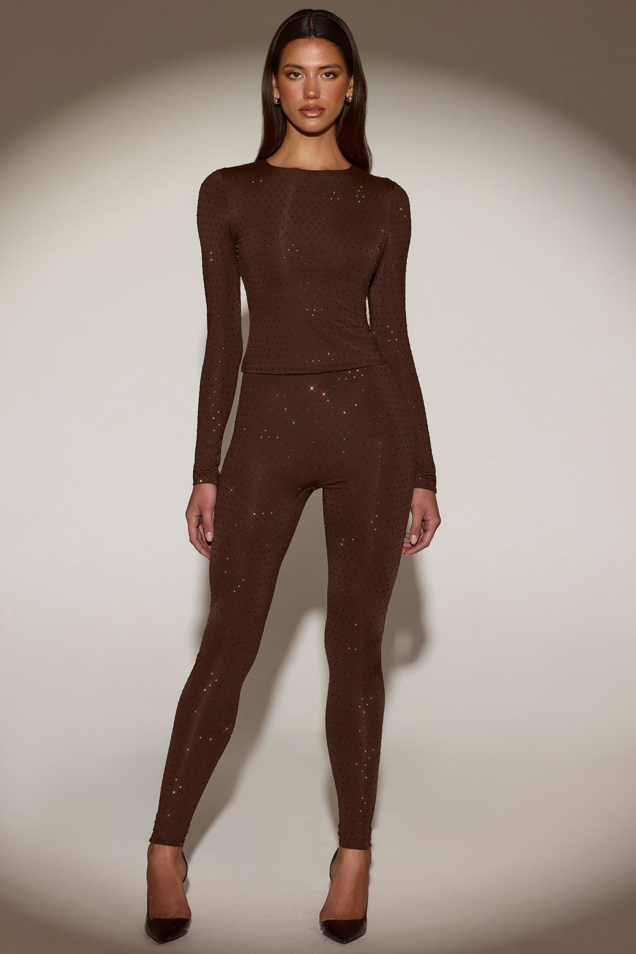 Embellished High-Waisted Leggings in Chocolate Brown