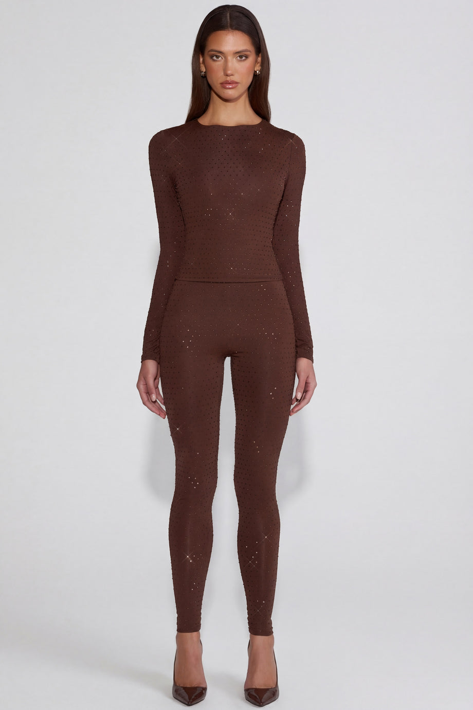 Oh Polly's Kayla wearing the Cassie Leggings in Chocolate Brown Square Hotfix fabric perfect for brunch with friends