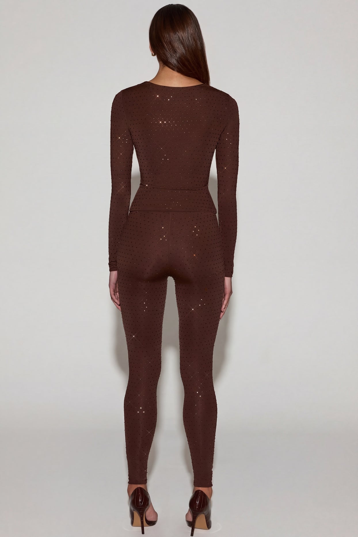 Oh Polly's Kayla wearing the Cassie Leggings in Chocolate Brown Square Hotfix fabric perfect for brunch with friends