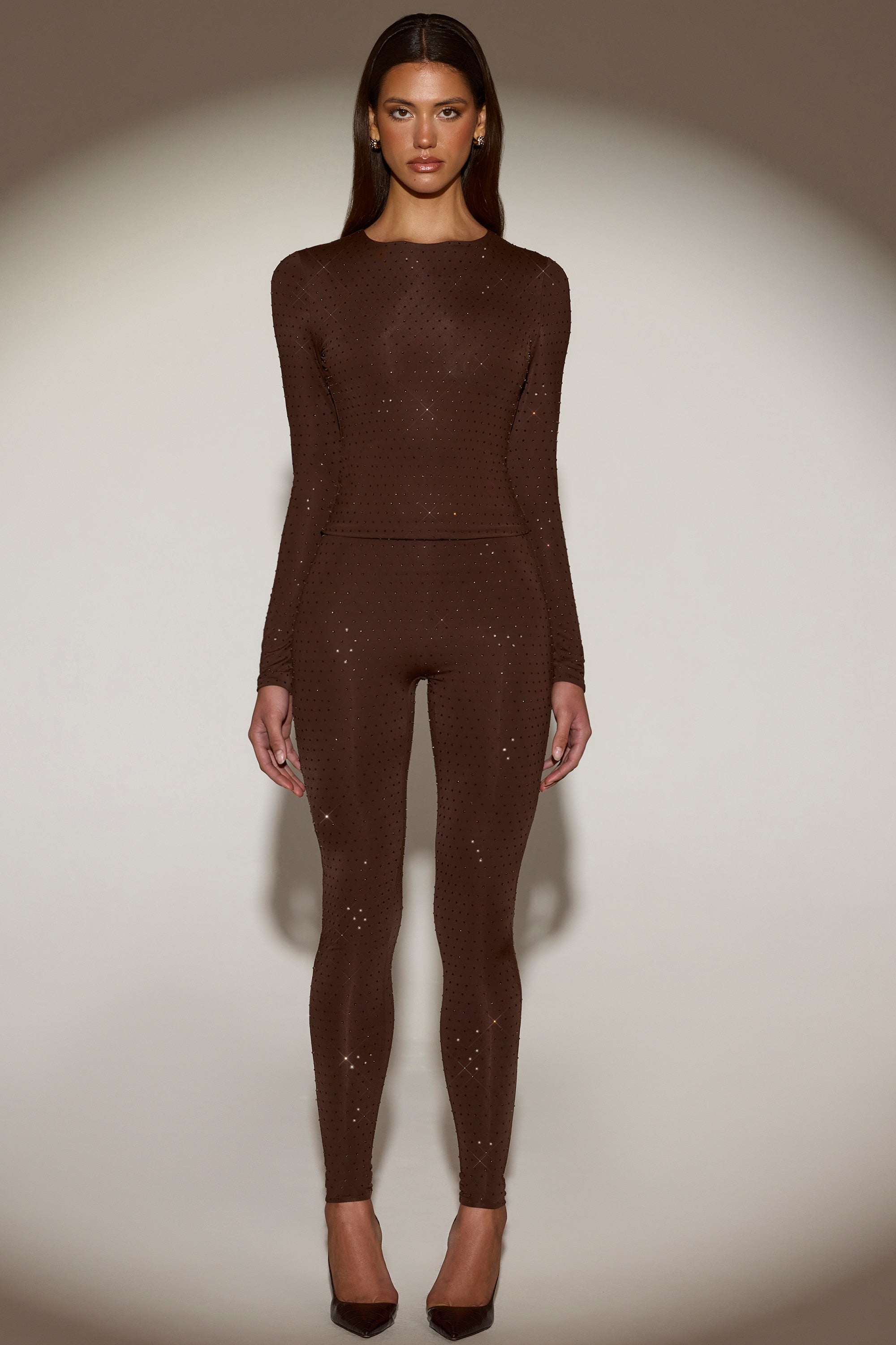 Embellished Crew-Neck Long-Sleeve Top in Chocolate Brown