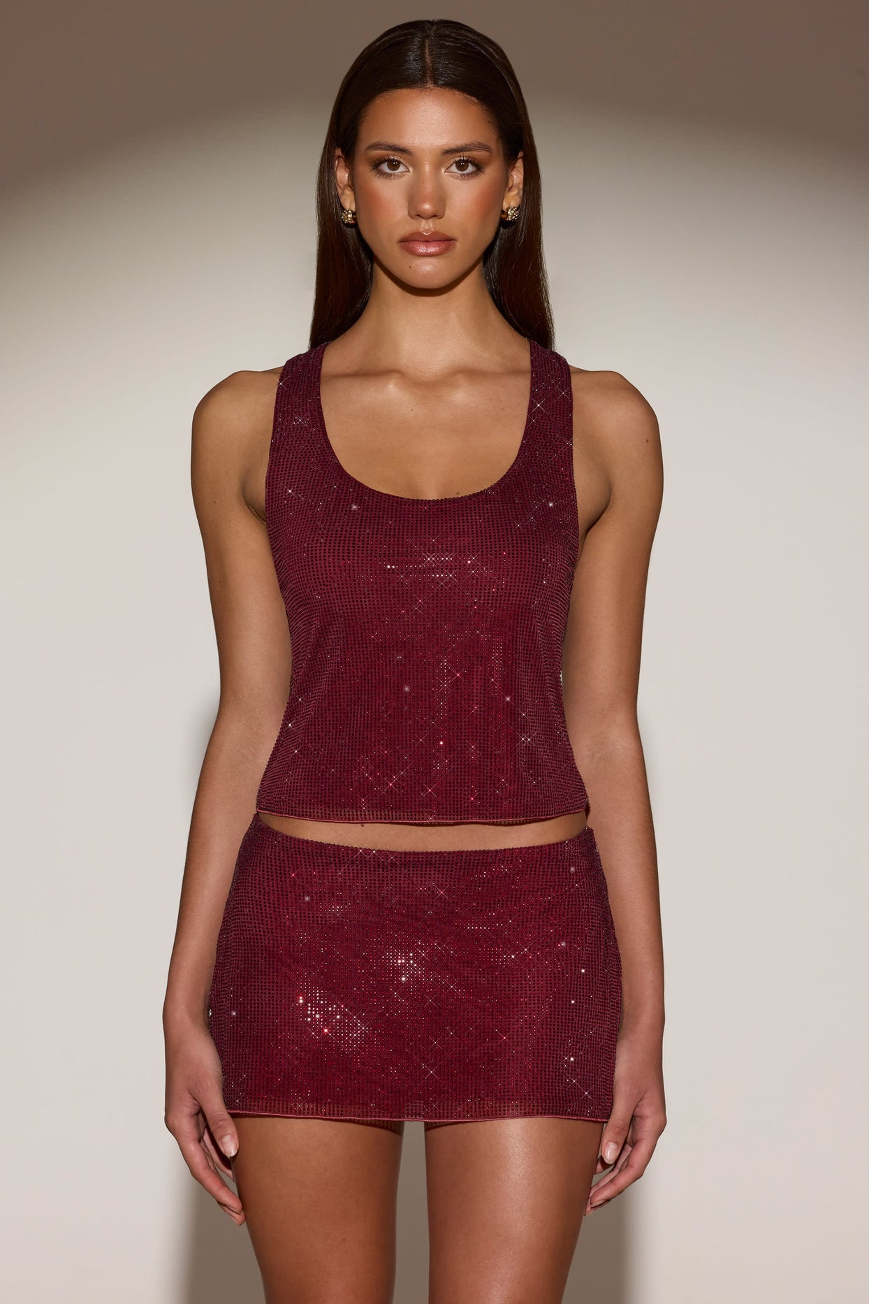 Embellished A-Line Mini Skirt in Burgundy