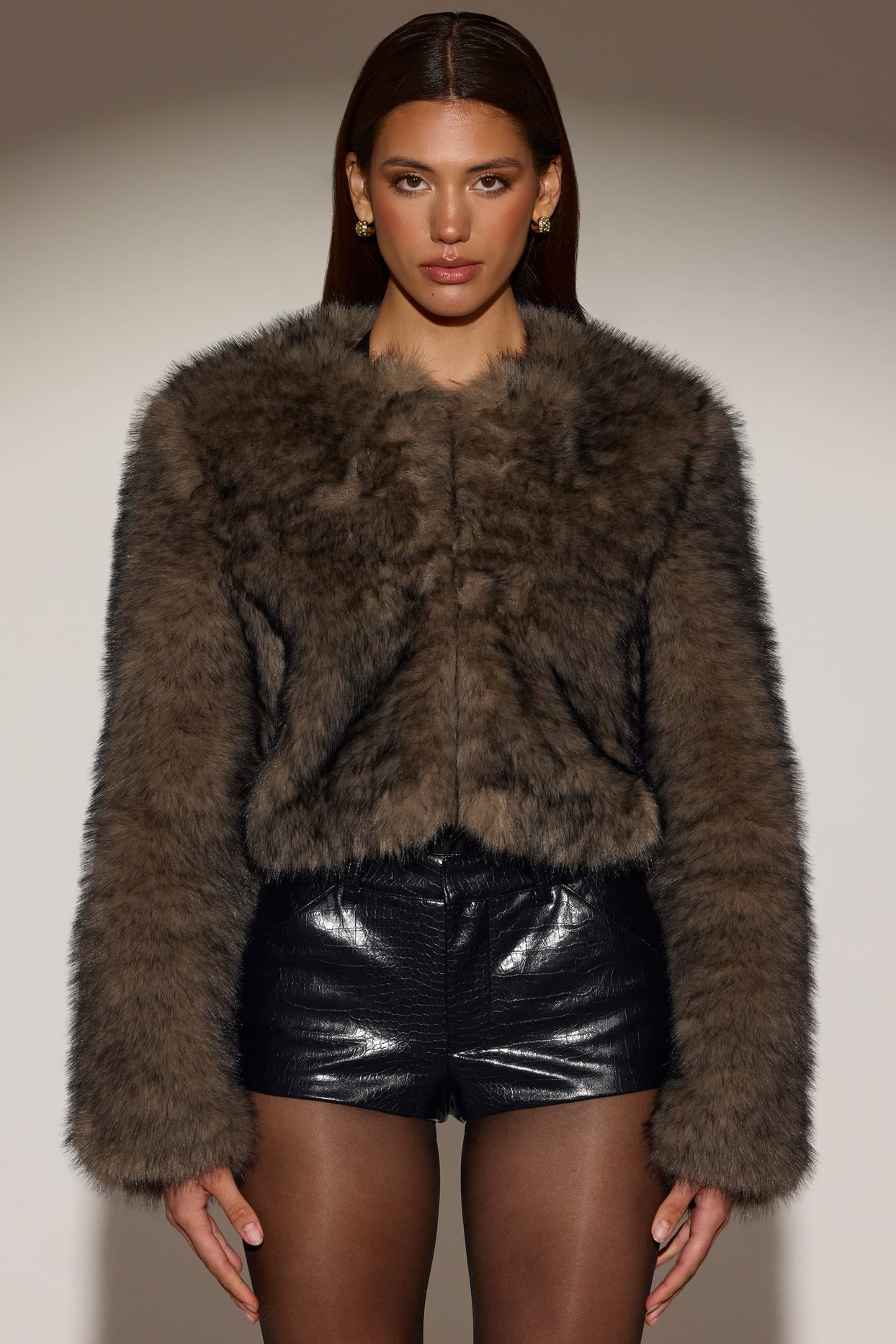 Cropped Faux-Fur Jacket in Chocolate Brown