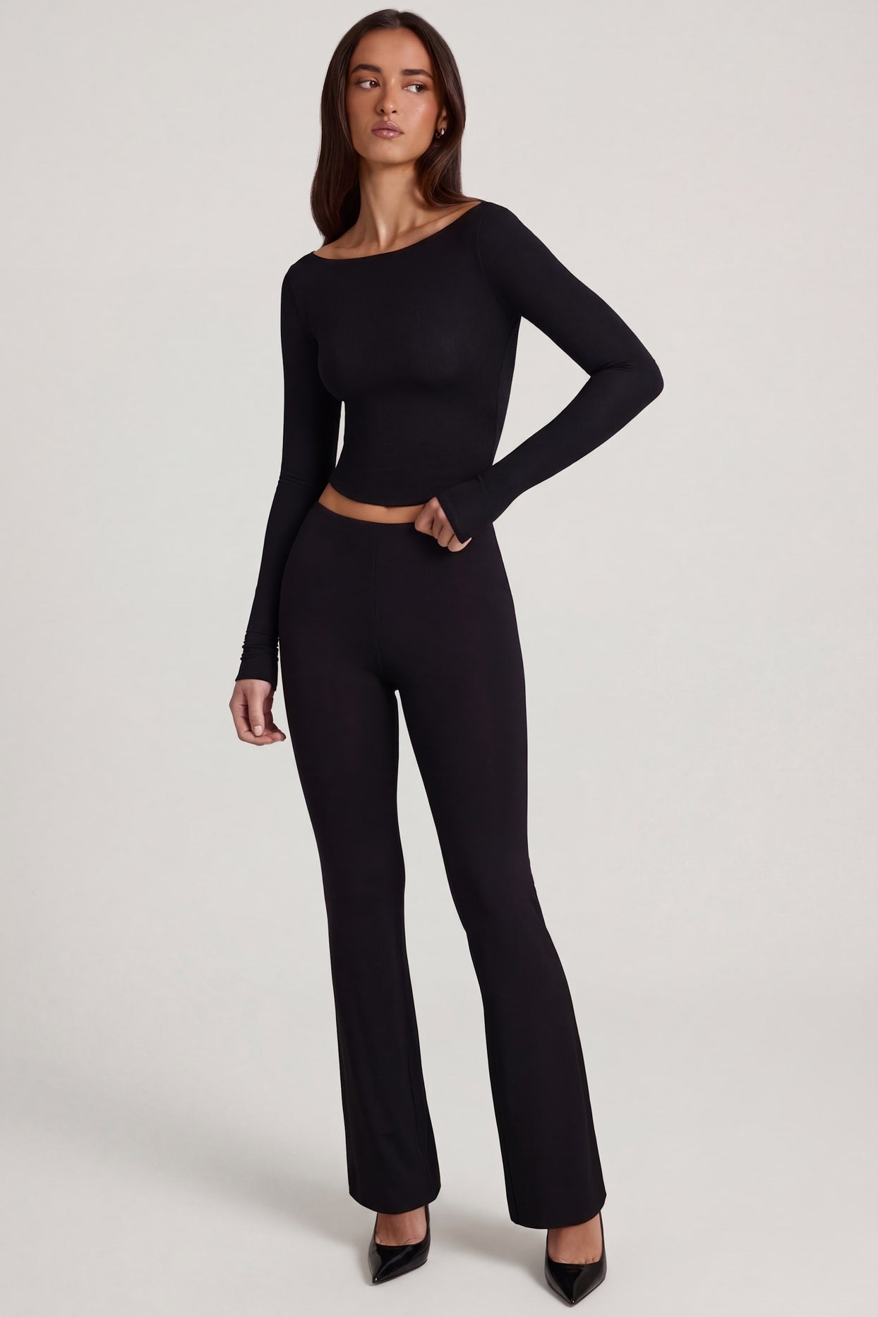 Oh Polly's Roberta wearing the Vevina Regular Trousers in Black Modal fabric perfect for weekend brunch