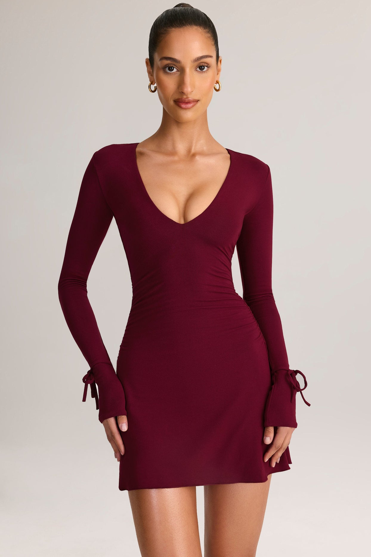 Modal Long-Sleeve A-Line Mini Dress in Wine