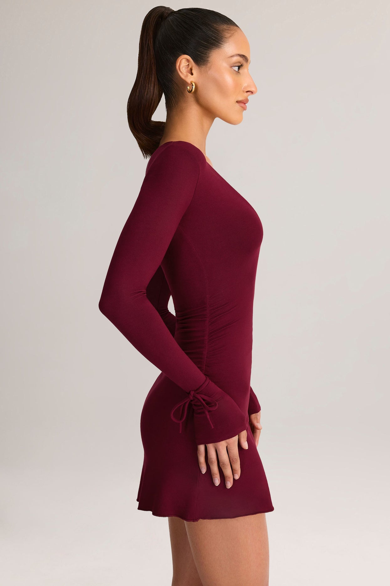Modal Long-Sleeve A-Line Mini Dress in Wine