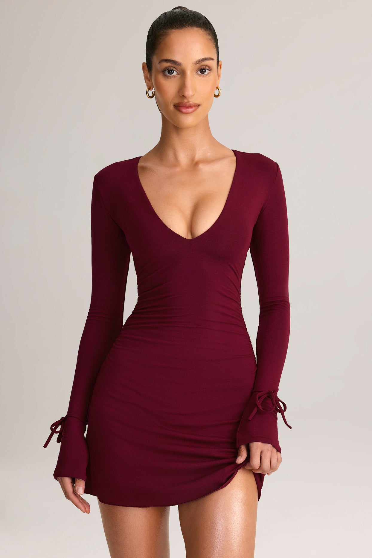 Modal Long-Sleeve A-Line Mini Dress in Wine