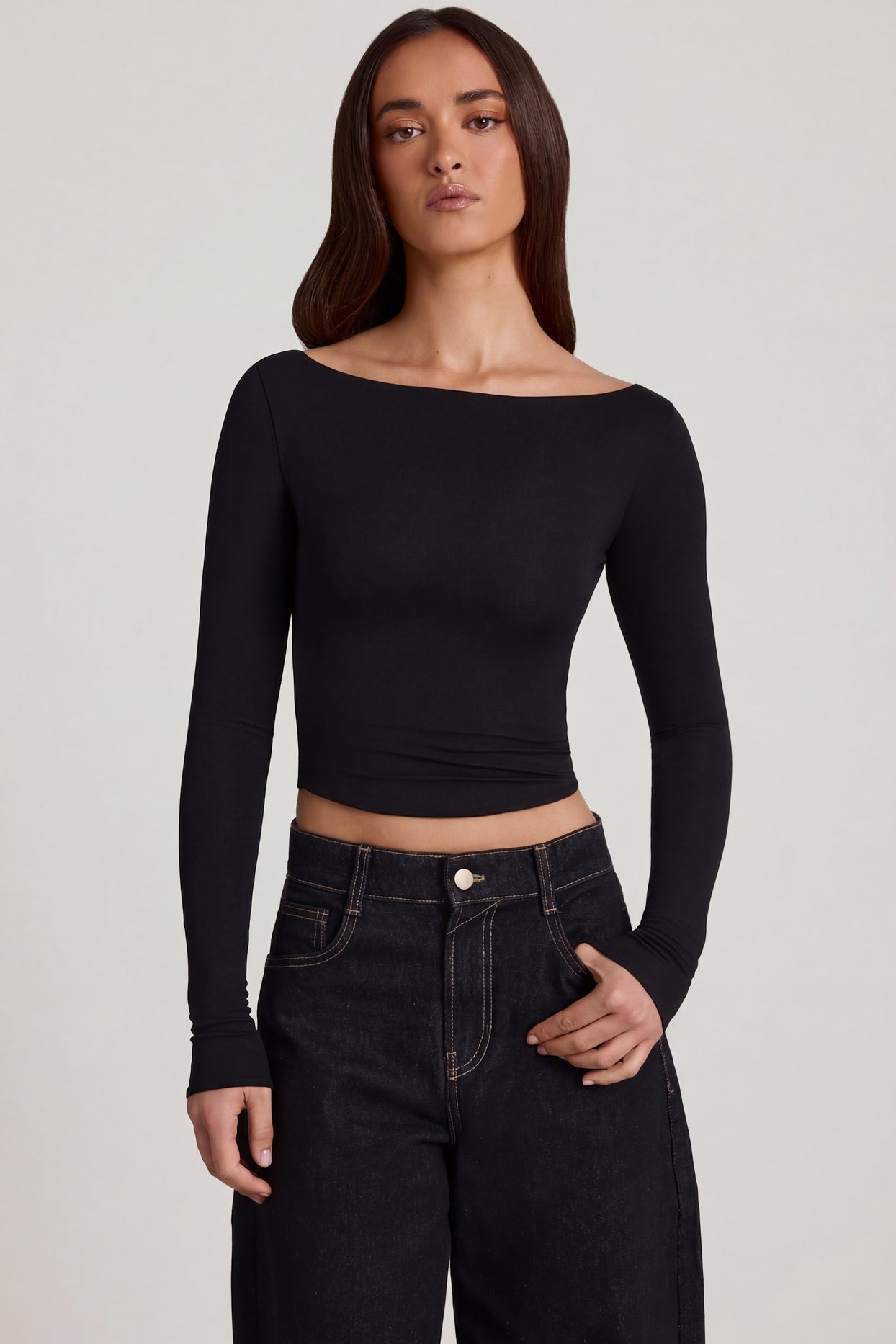 Oh Polly's Roberta wearing the Charliane Full Top in Black Modal fabric perfect for a night out