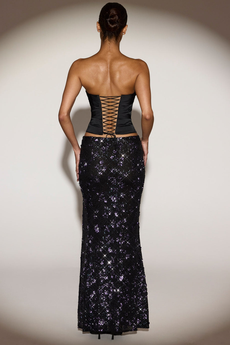 Embellished Mid-Rise Maxi Skirt in Black Purple Floral