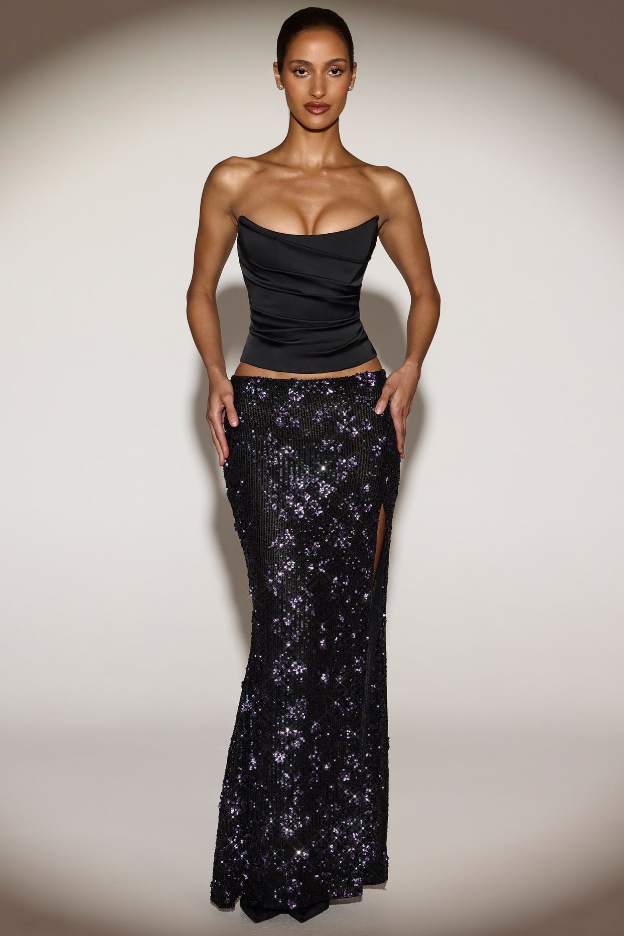 Embellished Mid-Rise Maxi Skirt in Black Purple Floral