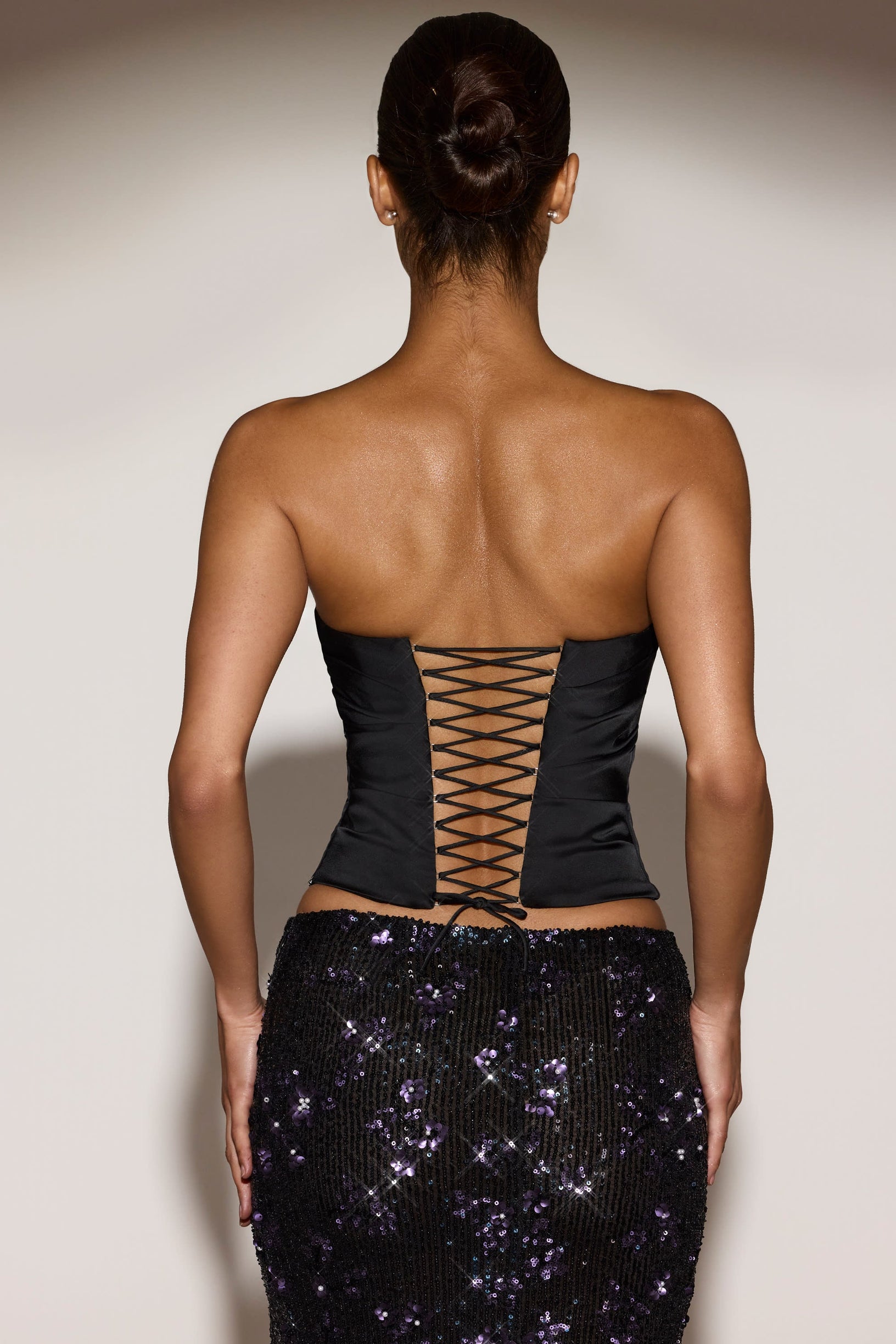 Satin Draped Lace-Up Corset Top in Black Purple - 2