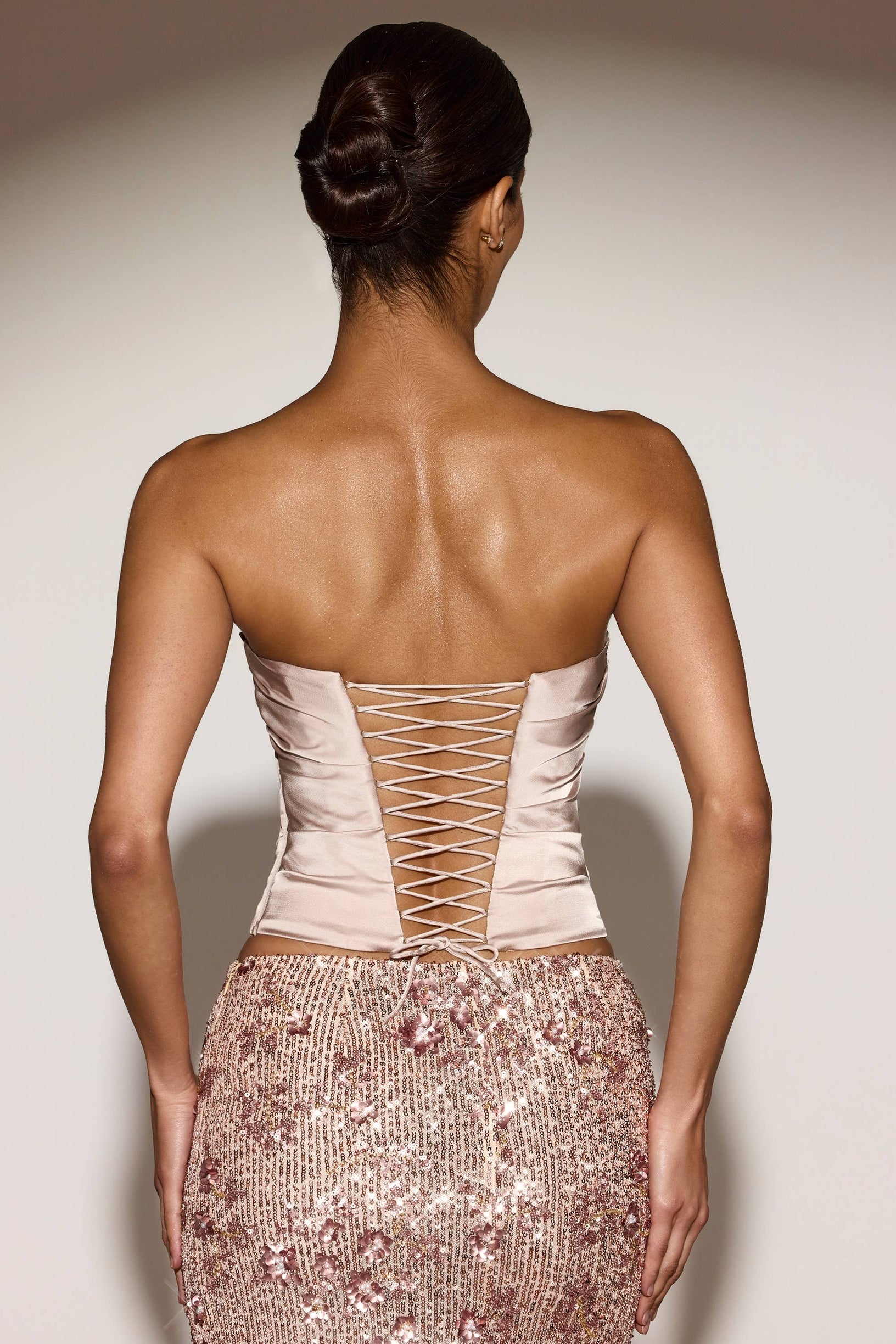 Satin Draped Lace-Up Corset Top in Gold - 2