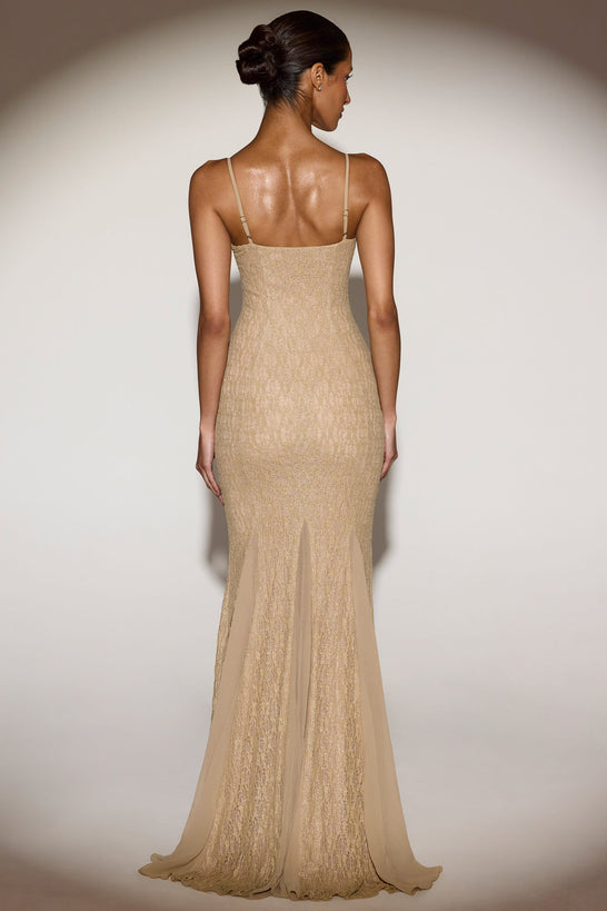 Metallic Lace Godet Gown in Pale Gold