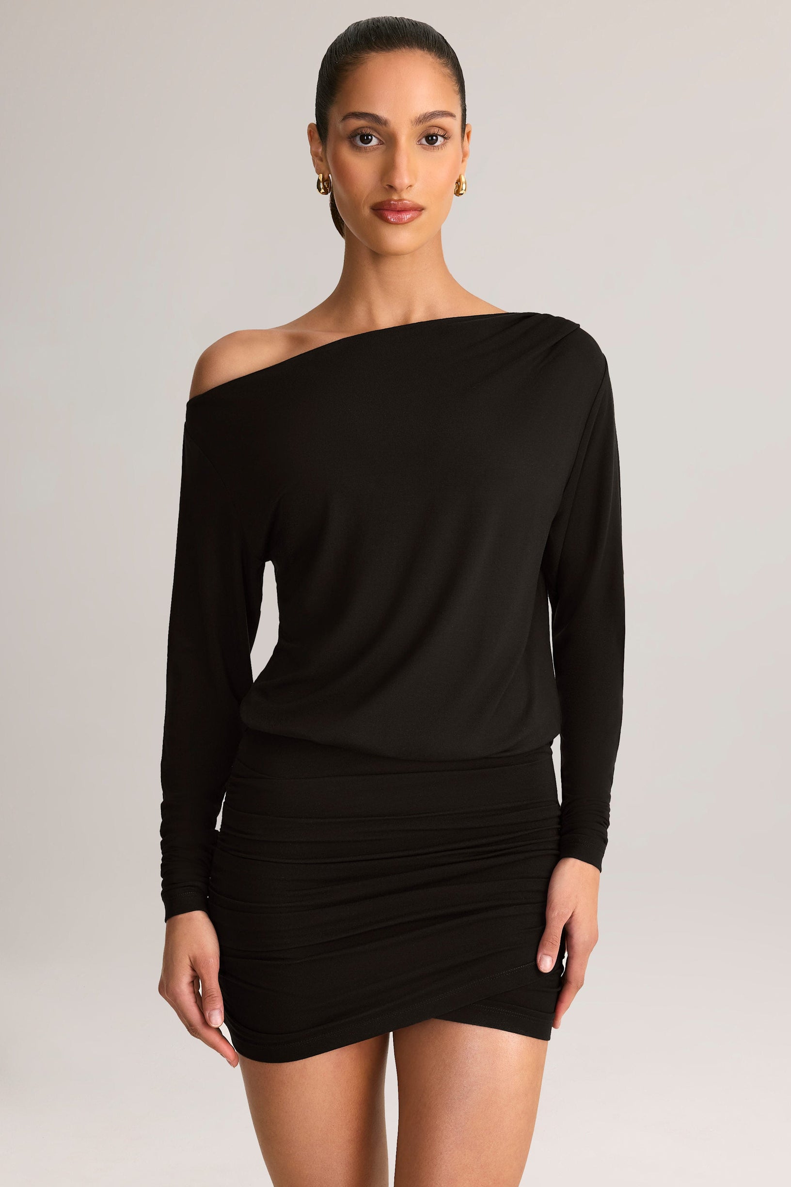 Modal Off-Shoulder Wrap Mini Dress in Black - 1