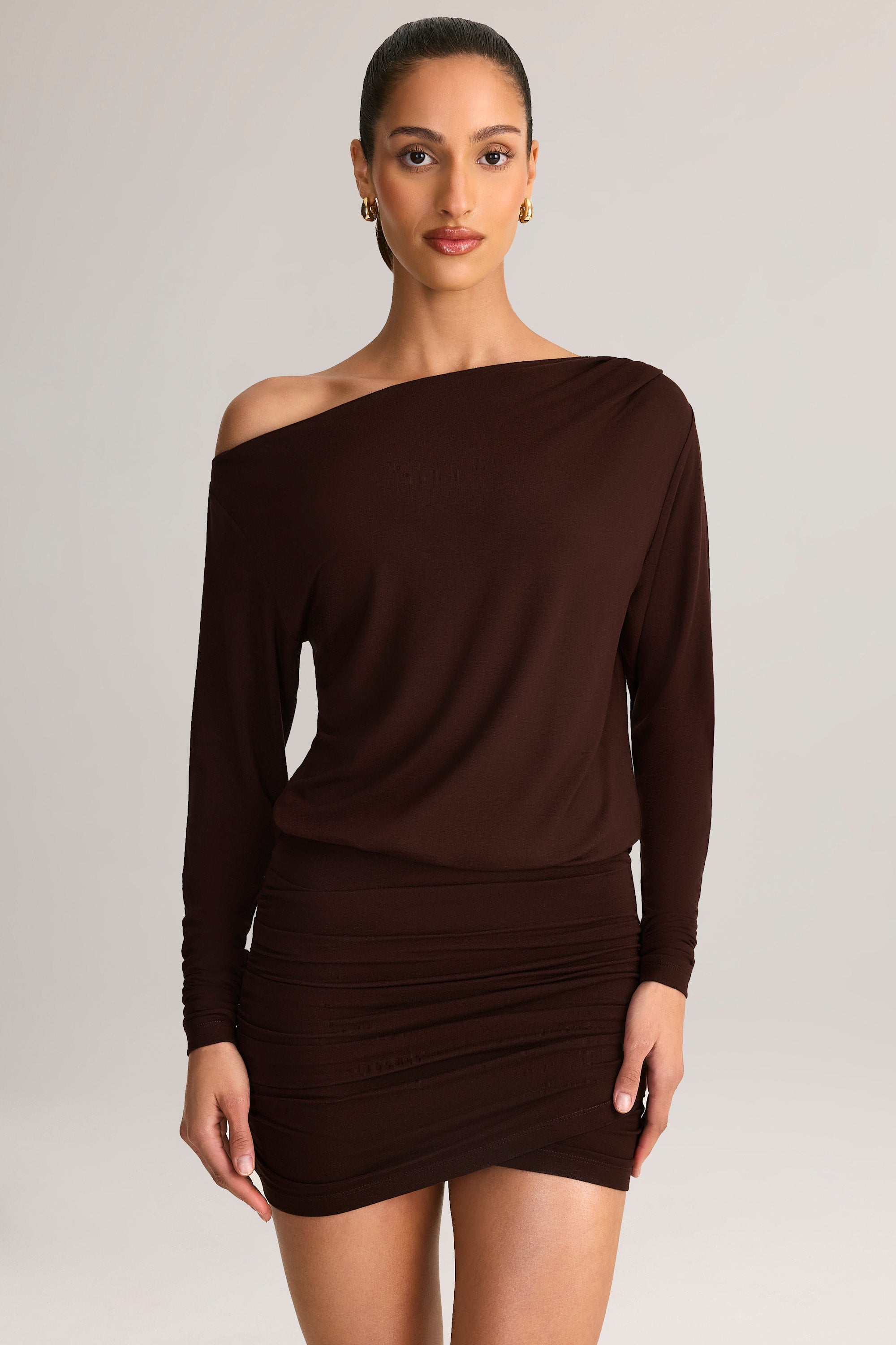 Modal Off-Shoulder Wrap Mini Dress in Chocolate Brown