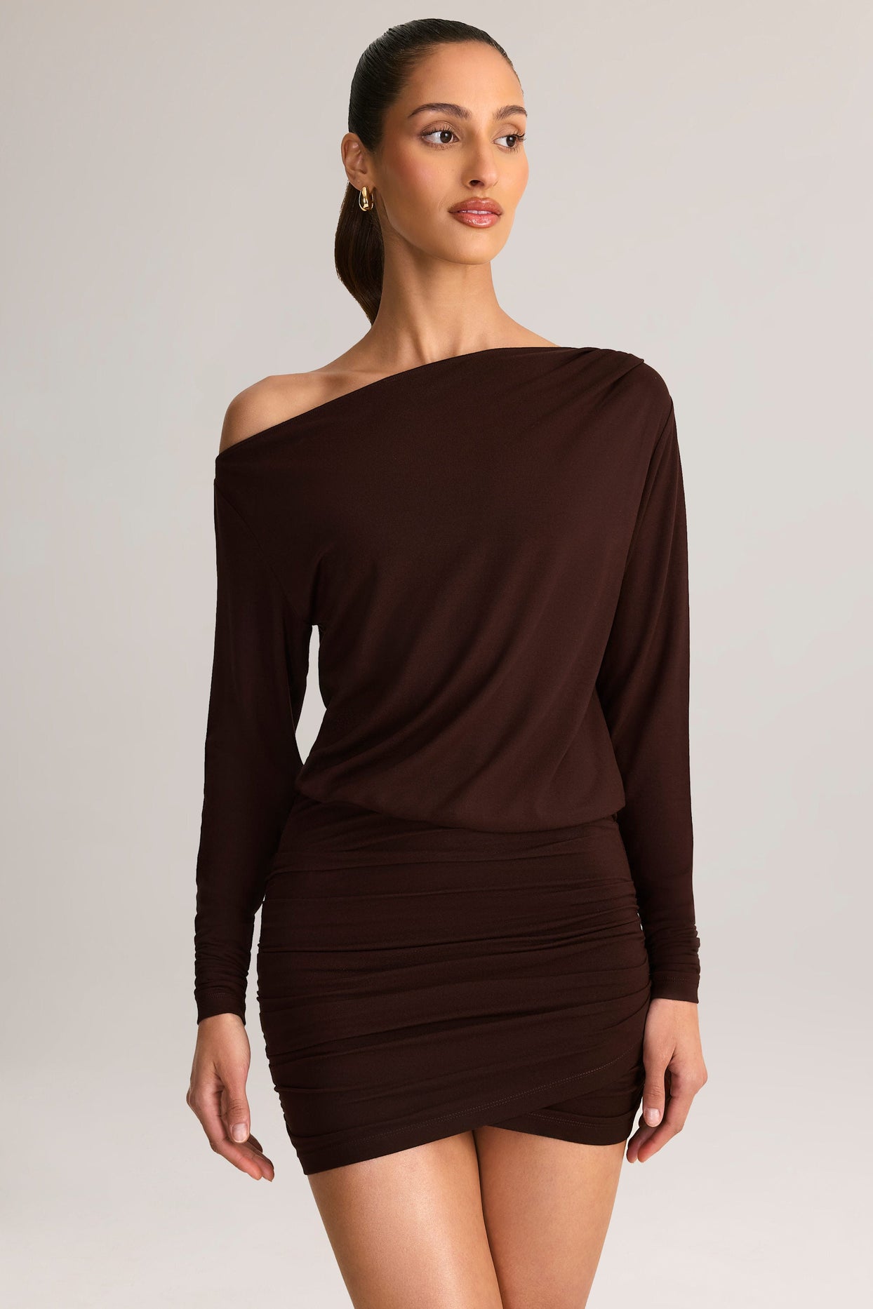 Modal Off-Shoulder Mini Dress in Chocolate Brown