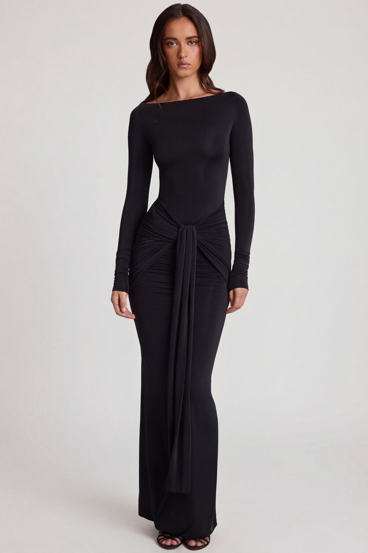 Oh Polly's Roberta wearing the Mericia Maxi Dress in Black Sheer Jersey fabric perfect for a night out