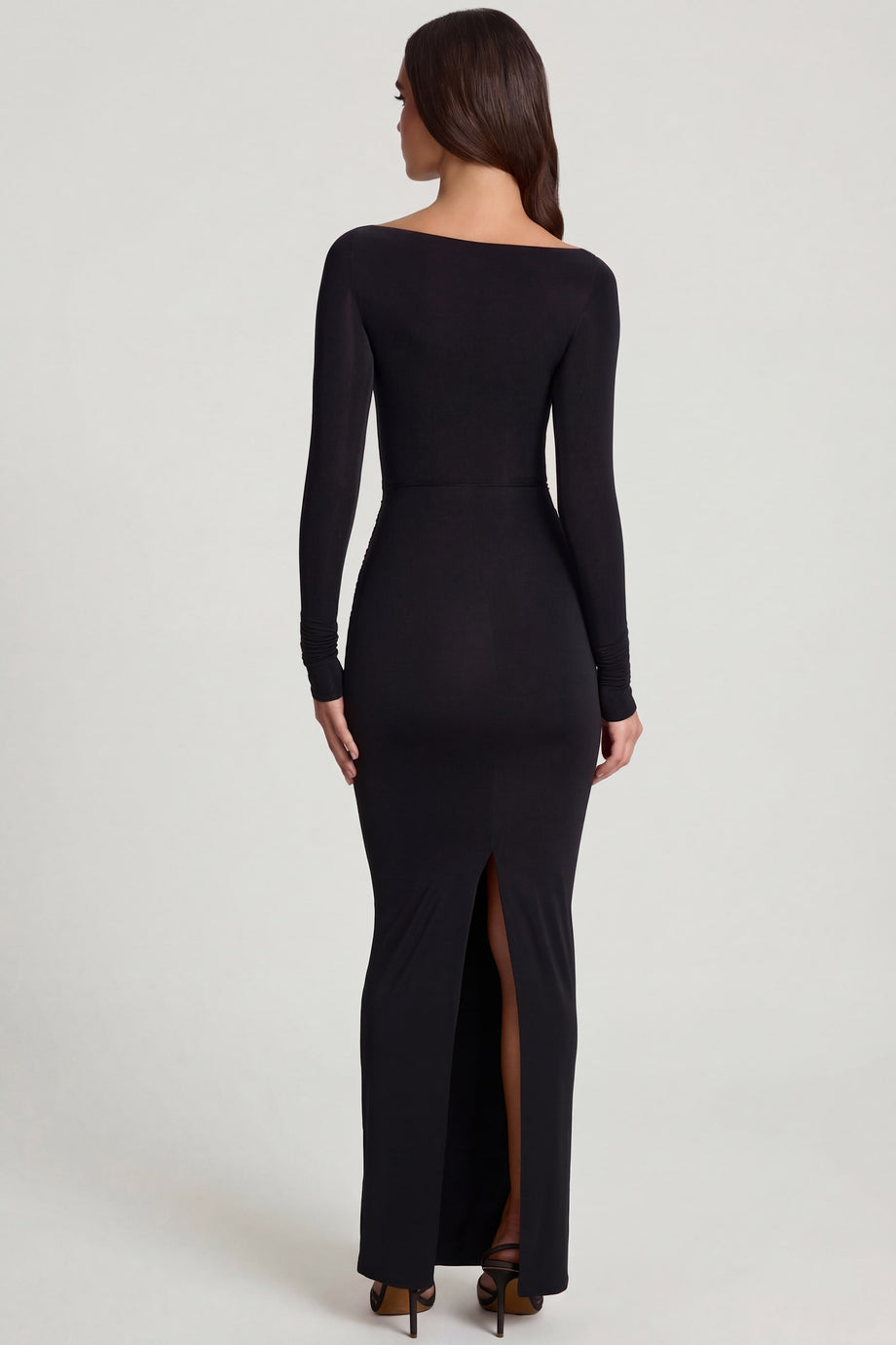 Oh Polly's Roberta wearing the Mericia Maxi Dress in Black Sheer Jersey fabric perfect for a night out