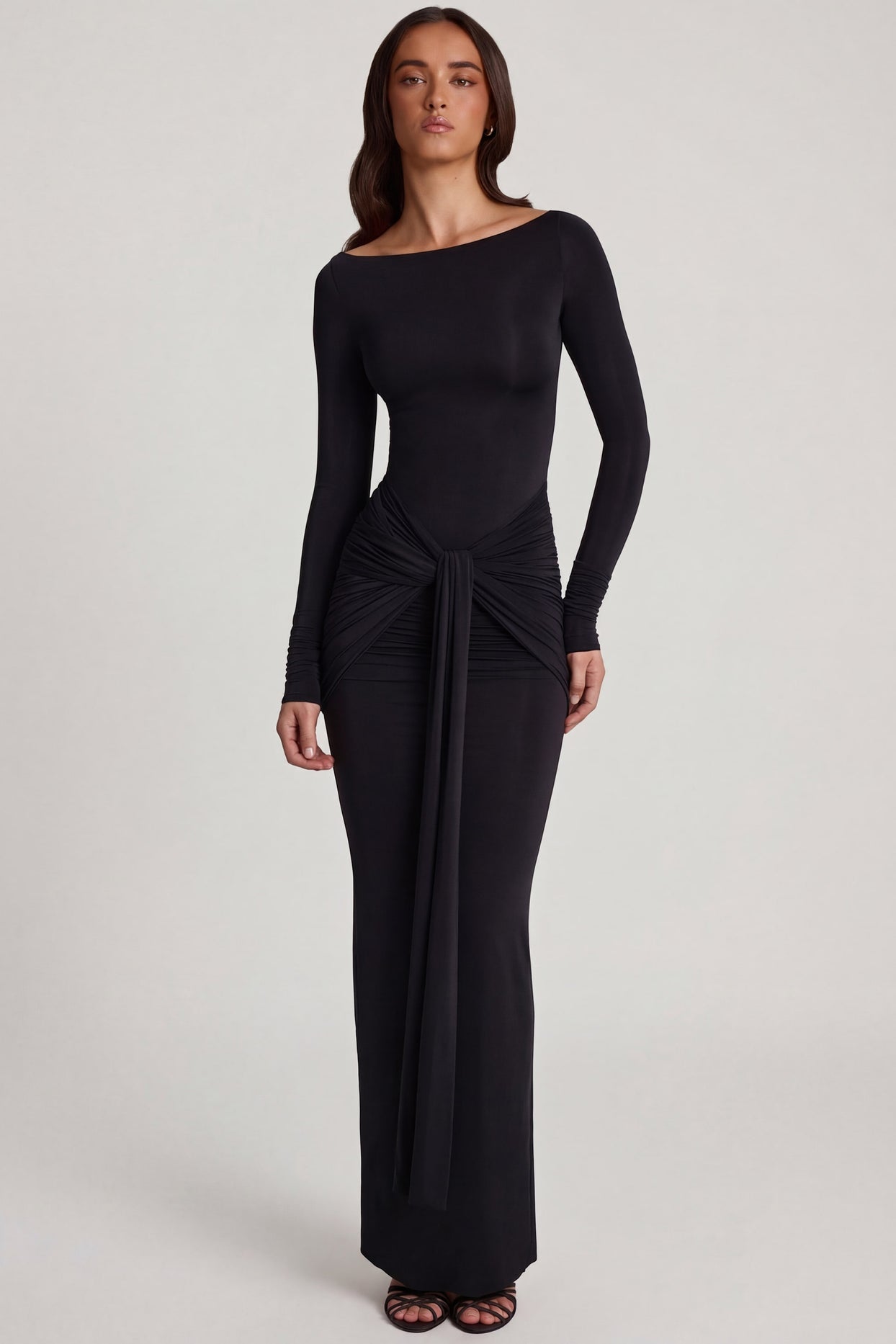 Oh Polly's Roberta wearing the Mericia Maxi Dress in Black Sheer Jersey fabric perfect for evening galas