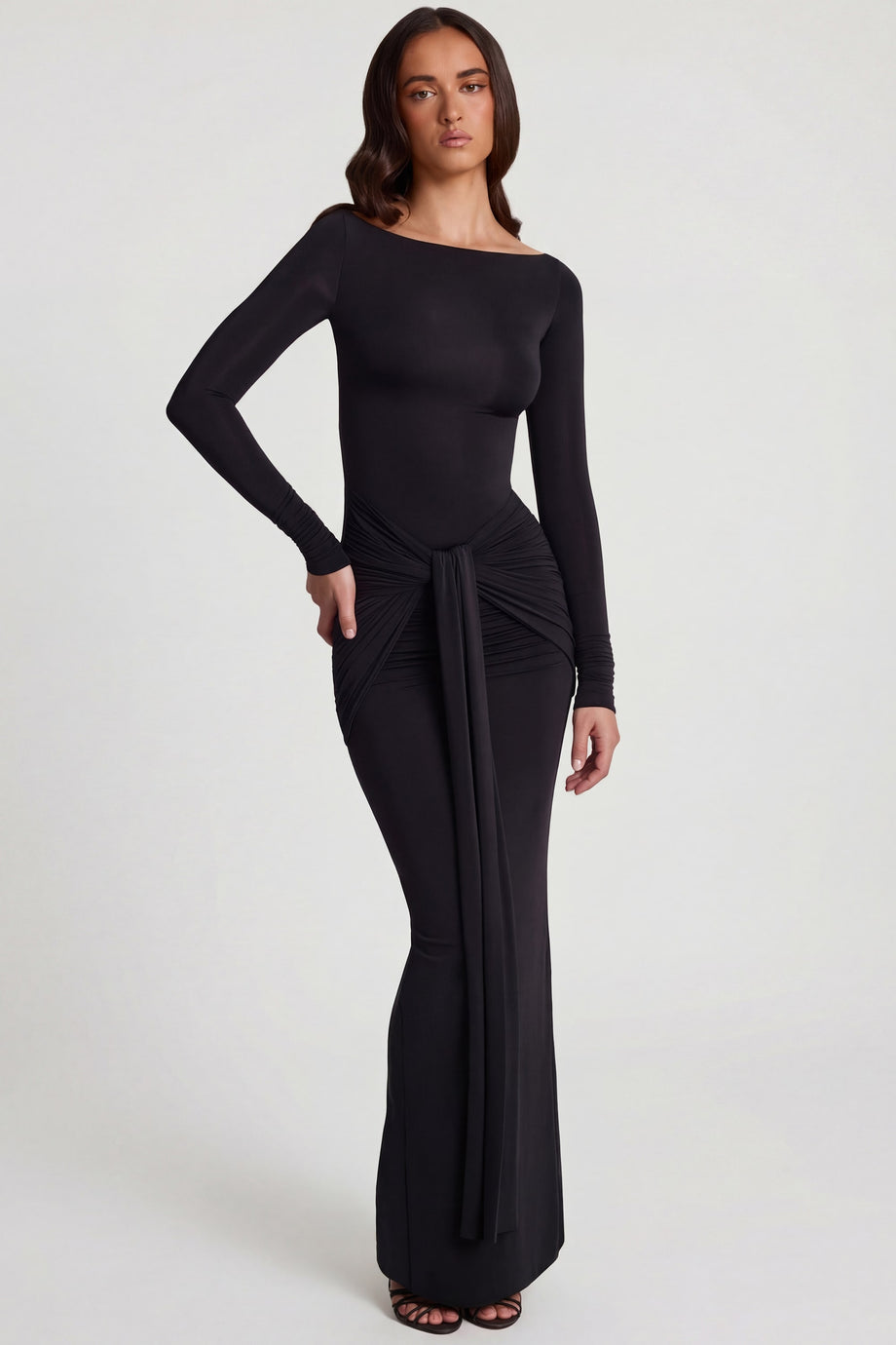 Oh Polly's Roberta wearing the Mericia Maxi Dress in Black Sheer Jersey fabric perfect for formal gatherings