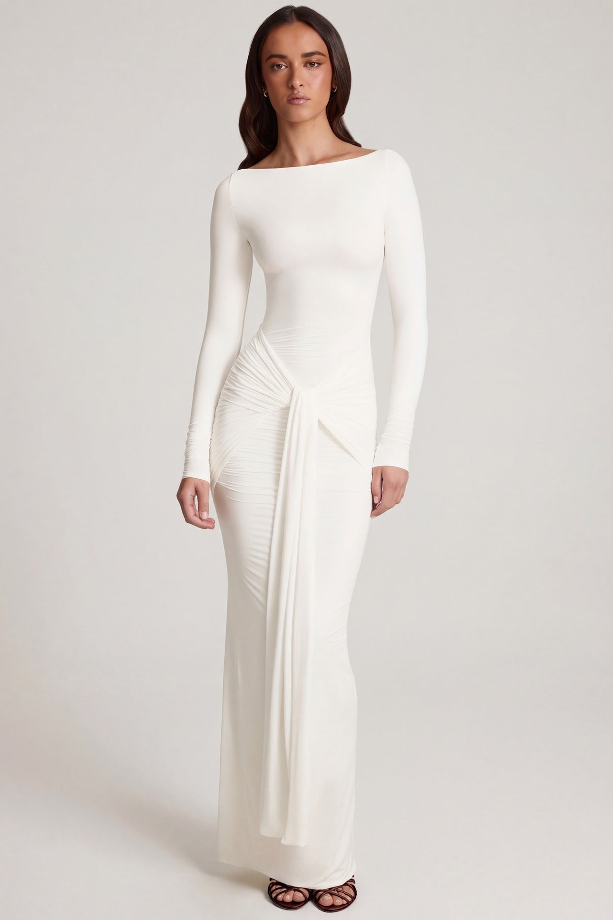 Oh Polly's Roberta wearing the Mericia Maxi Dress in White Sheer Jersey fabric perfect for summer beach parties